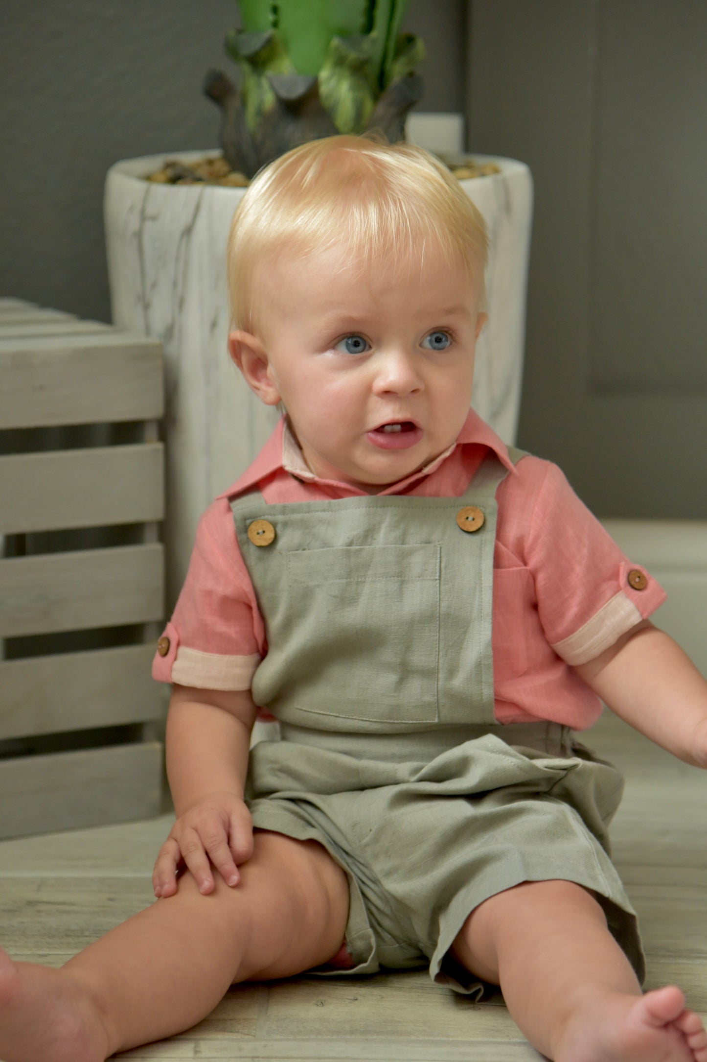 Infant Romper-Shirt and Overalls Set - Coral & Grey Boys Yo Baby Wholesale