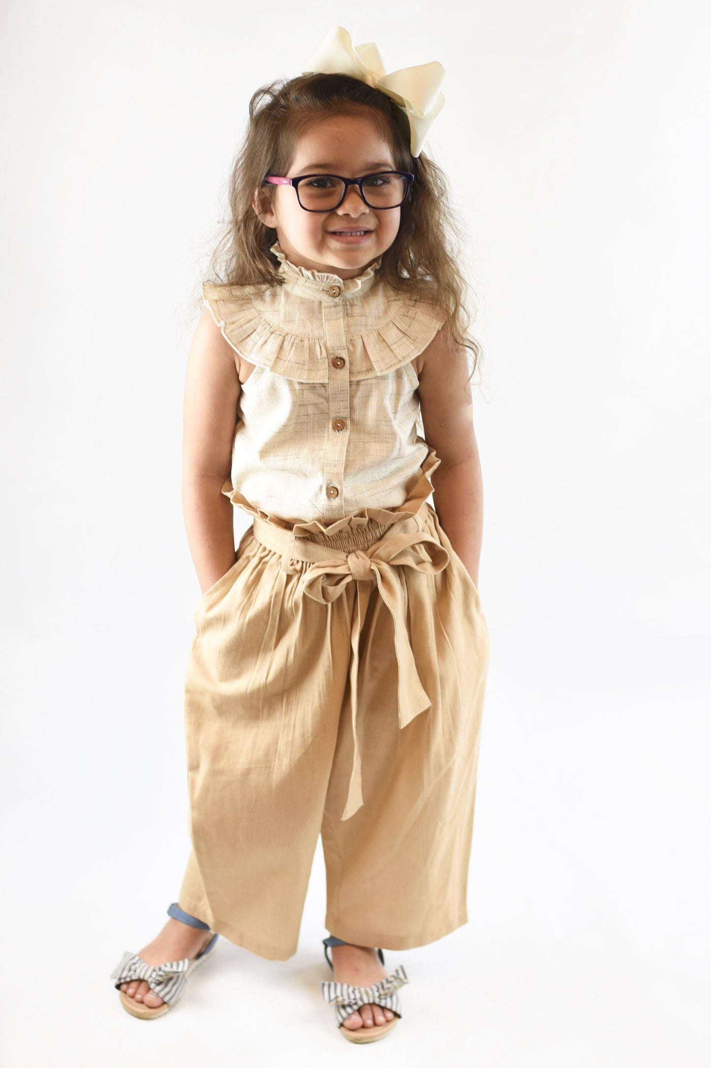 Ivory Frill Top and Blush Paper Bag Beige Pants 2pc. Set Dress Yo Baby Wholesale