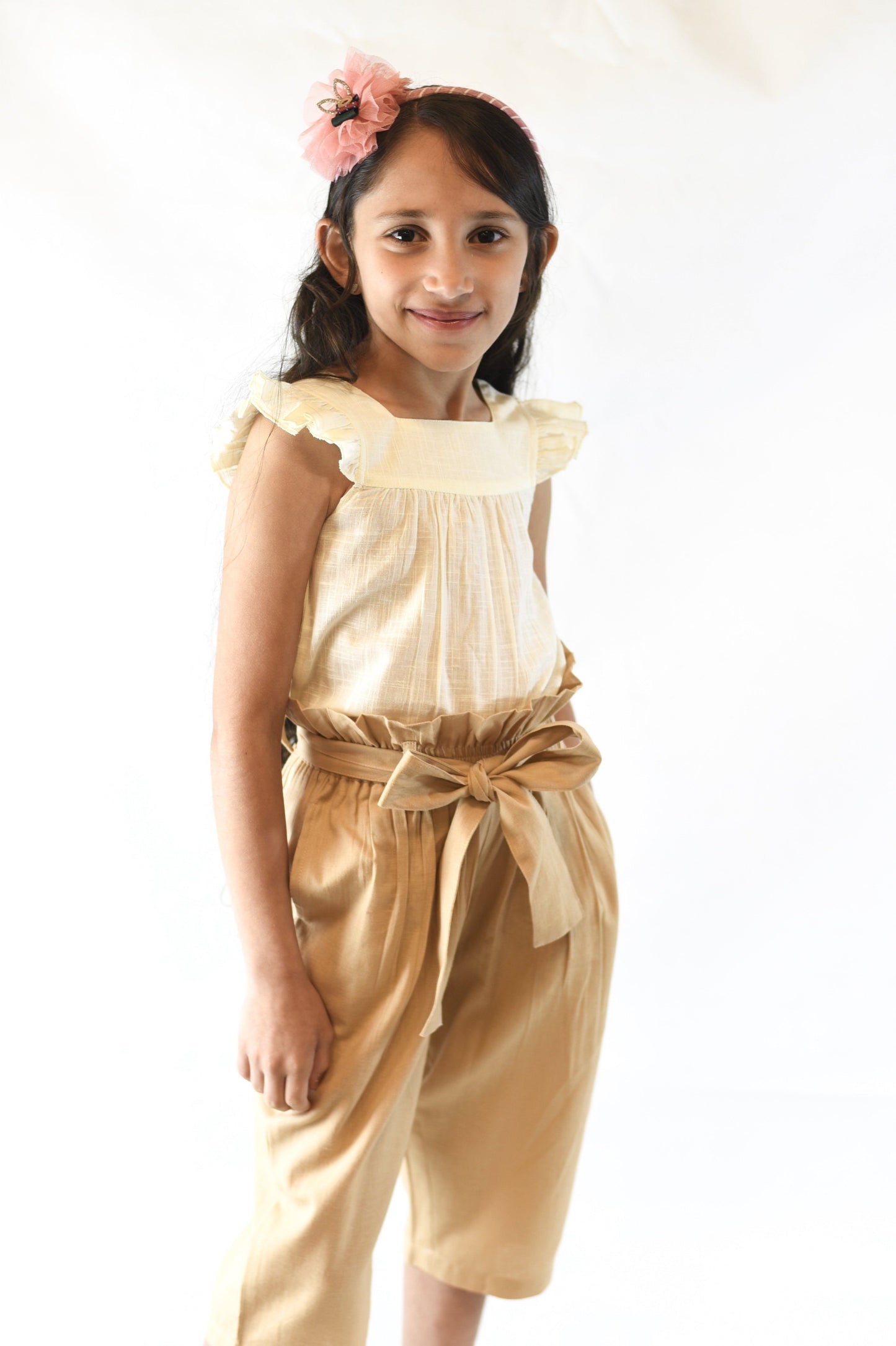Ivory Frill Top with Khakhi Paper Bag Pants 2 pc. Set Dress Yo Baby Wholesale