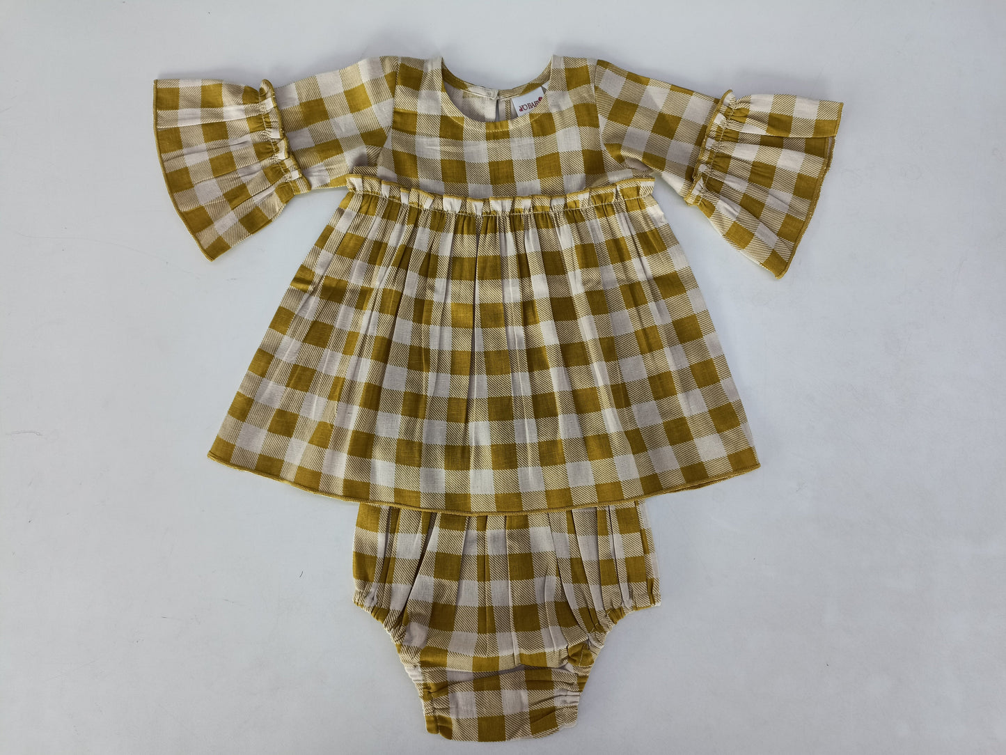 Khaki Checkered Bell Sleeves Dress & Diaper Cover Set dress & diaper cover Yo Baby Wholesale