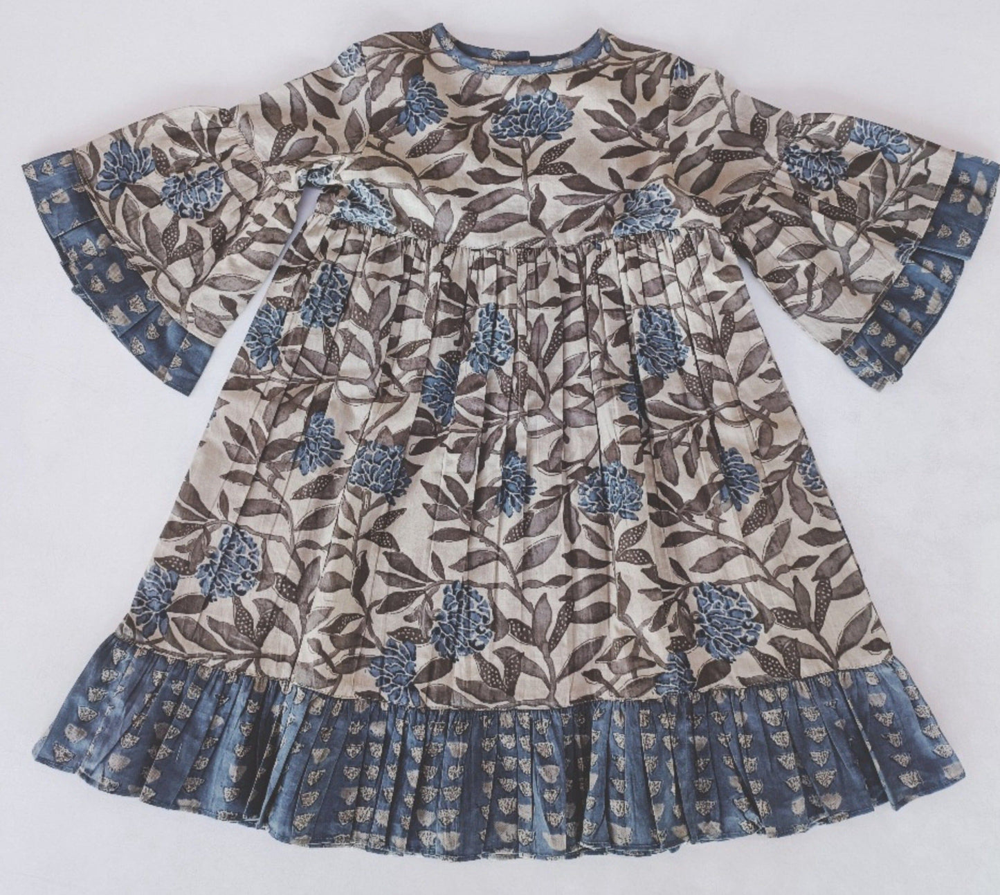 Leaf Print Bell-Sleeves Bottom Ruffle Dress Yo Baby India