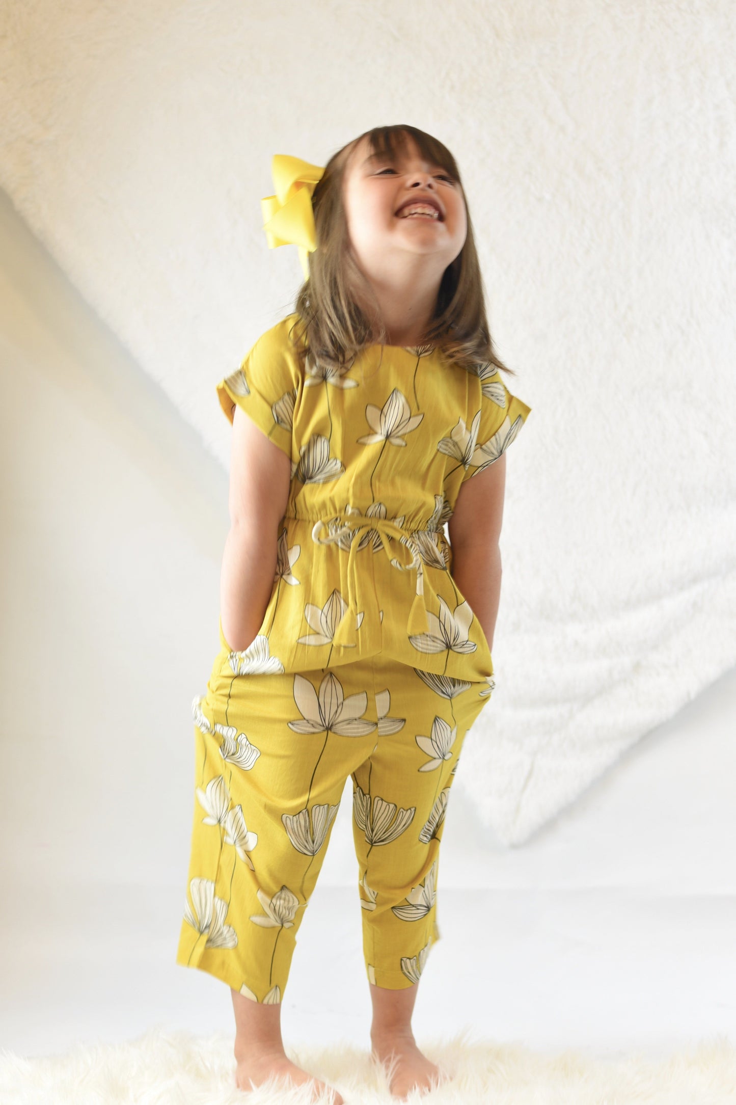 Limited Edition - Yellow Floral Jumpsuit with Drawstring Detail Dress Yo Baby Wholesale