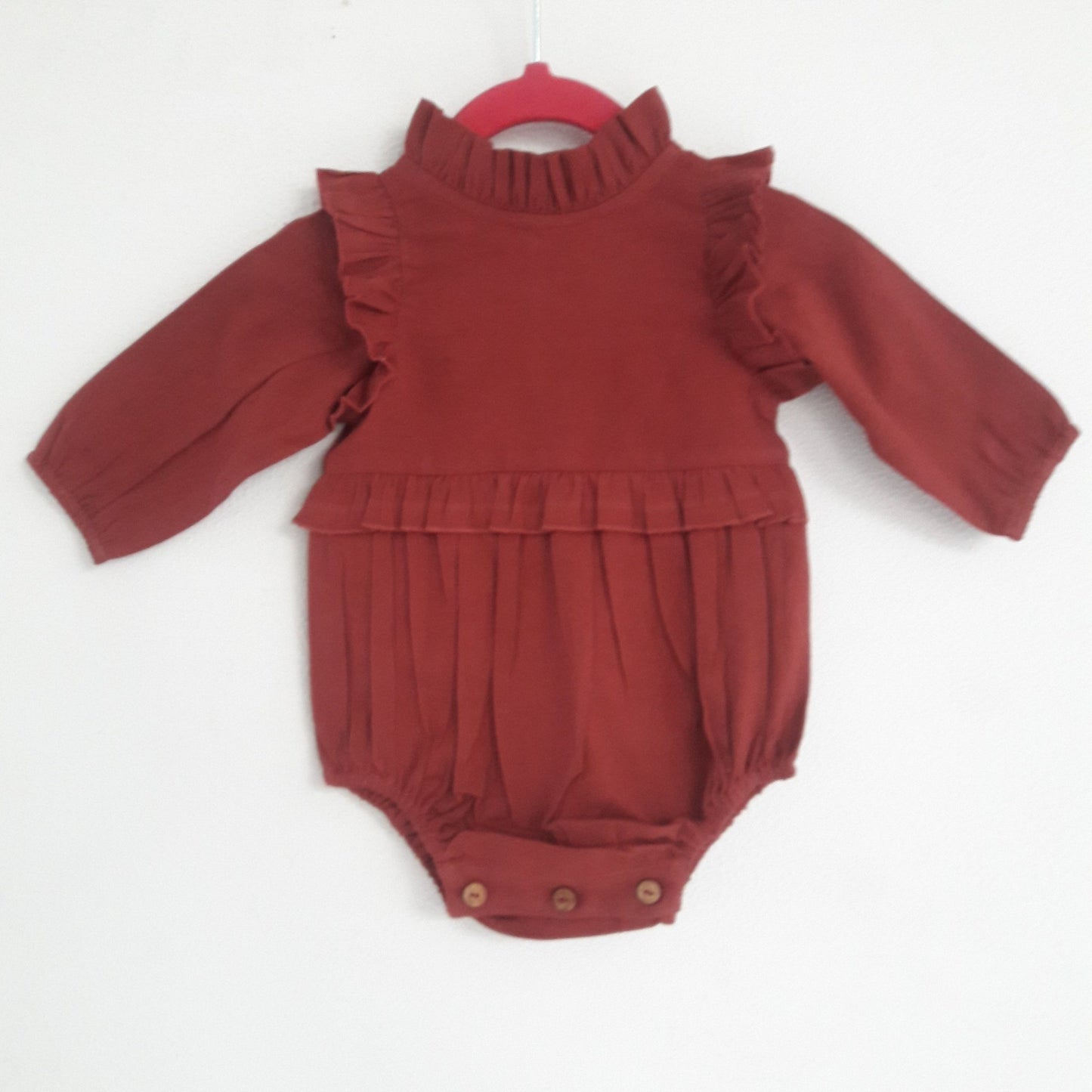 Maroon Full-Sleeves Ruffles Infant Romper Dress Yo Baby Wholesale