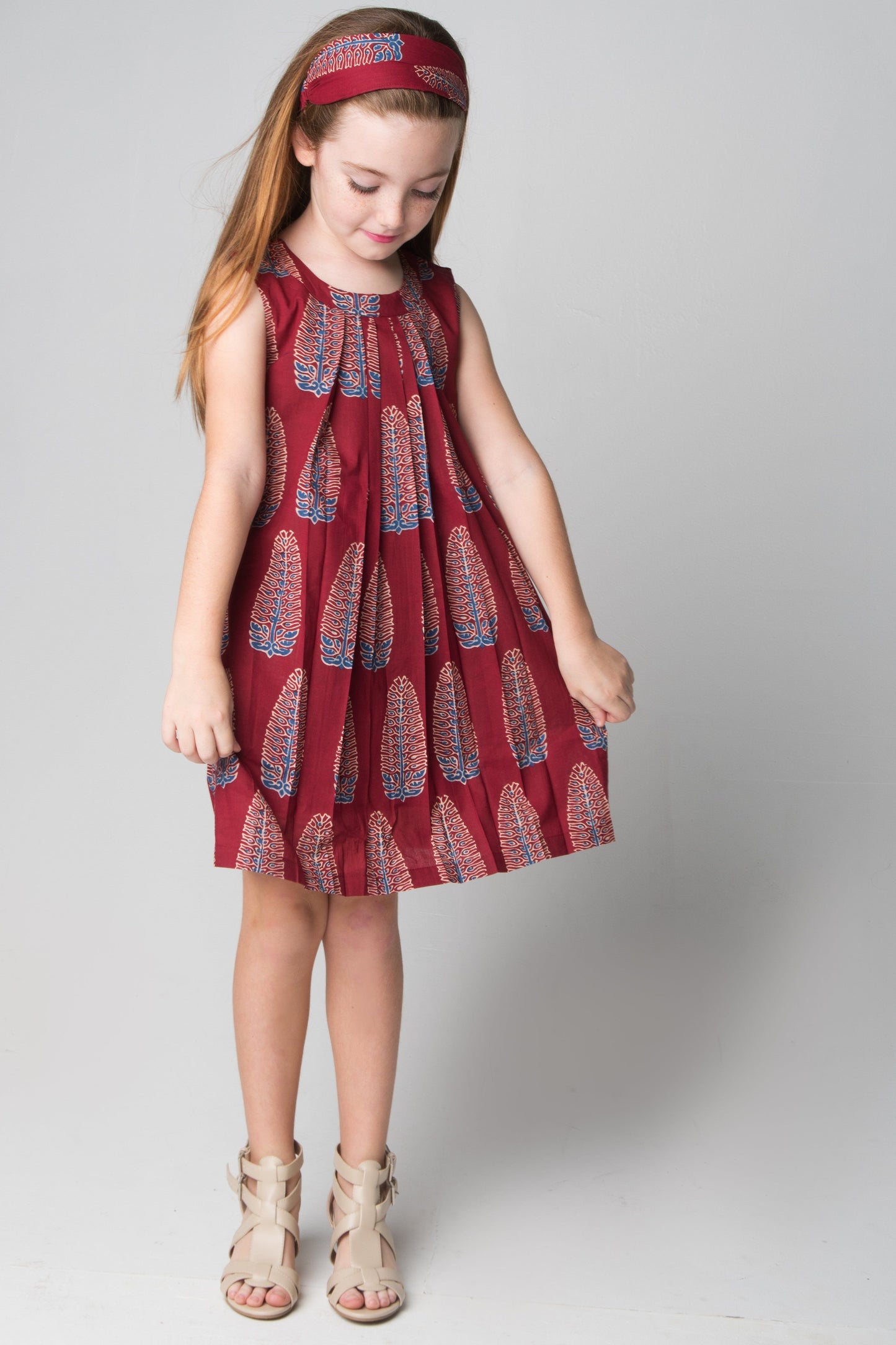 Maroon Leaf Print Pleated Shift Dress With Matching Headband Dress Yo Baby Wholesale