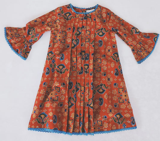 Maroon Printed Dress Long Sleeve With Pleat & Lace Detail Dress Yo Baby India