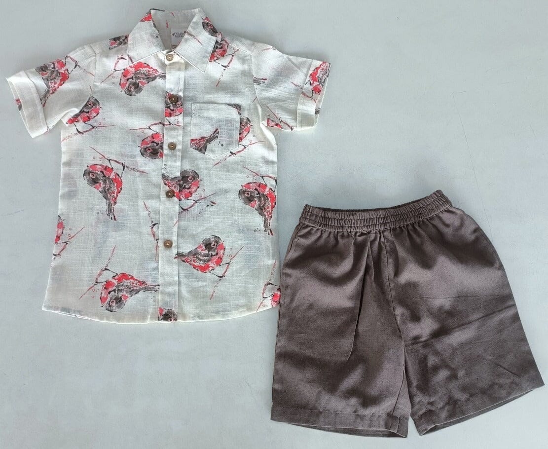 Multi Color Bird Print Boys Shirt & Brown Shorts set Shirt-Shorts Yo Baby India