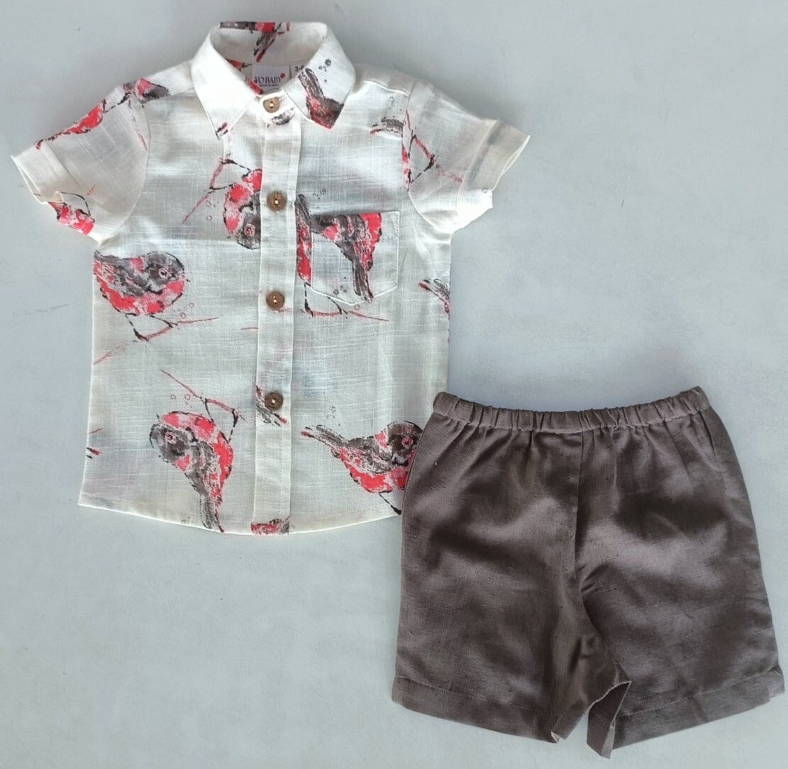 Multi Color Bird Print Boys Shirt & Brown Shorts set Shirt-Shorts Yo Baby India
