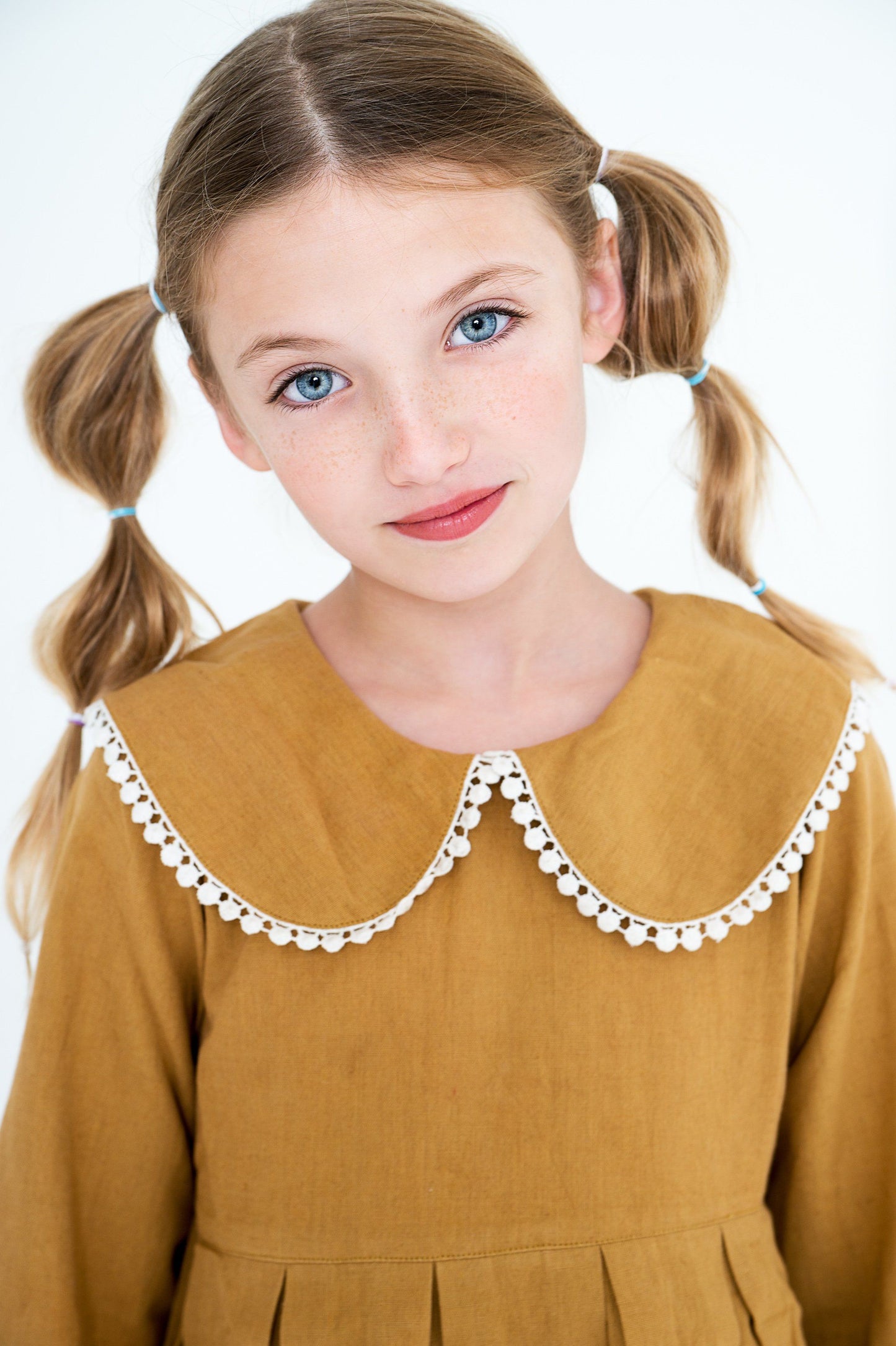 Mustard Big Peter Pan Collar Dress With Lace Detail Dress Yo Baby Wholesale