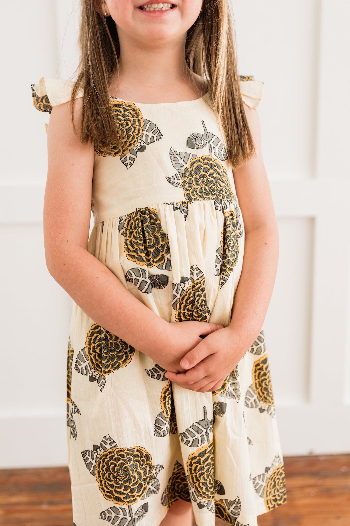 Mustard & Grey Floral Print Sleeve Ruffled Gathered Dress Dress Yo Baby India