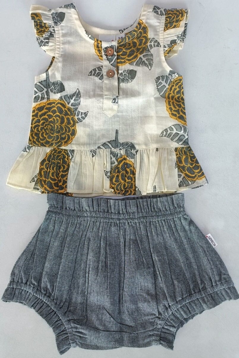 Mustard & Grey Floral Print Sleeve Ruffled Top & Black Chambray Shorts Set dress & diaper cover Yo Baby India