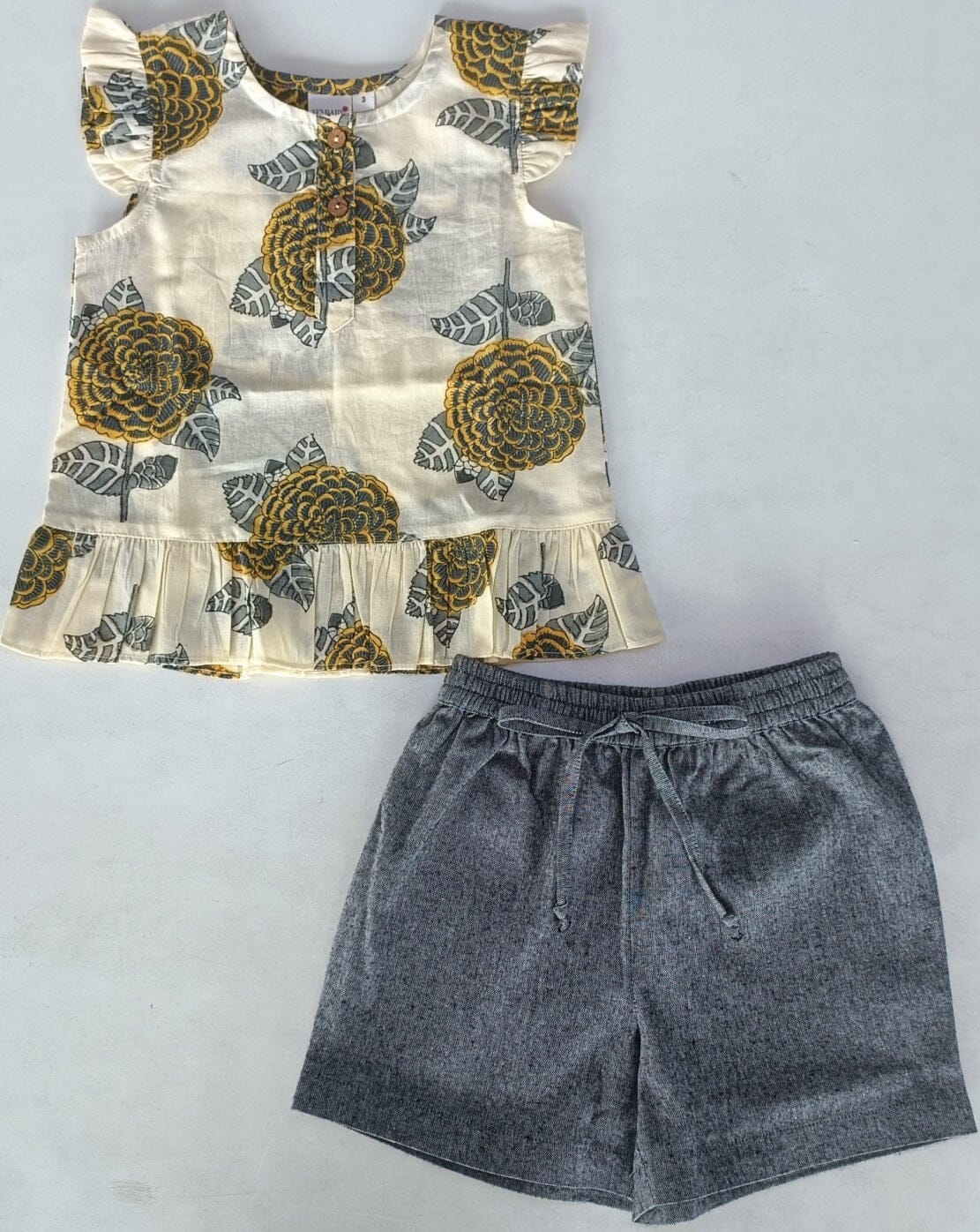 Mustard & Grey Floral Print Sleeve Ruffled Top & Black Chambray Shorts Set dress & diaper cover Yo Baby India