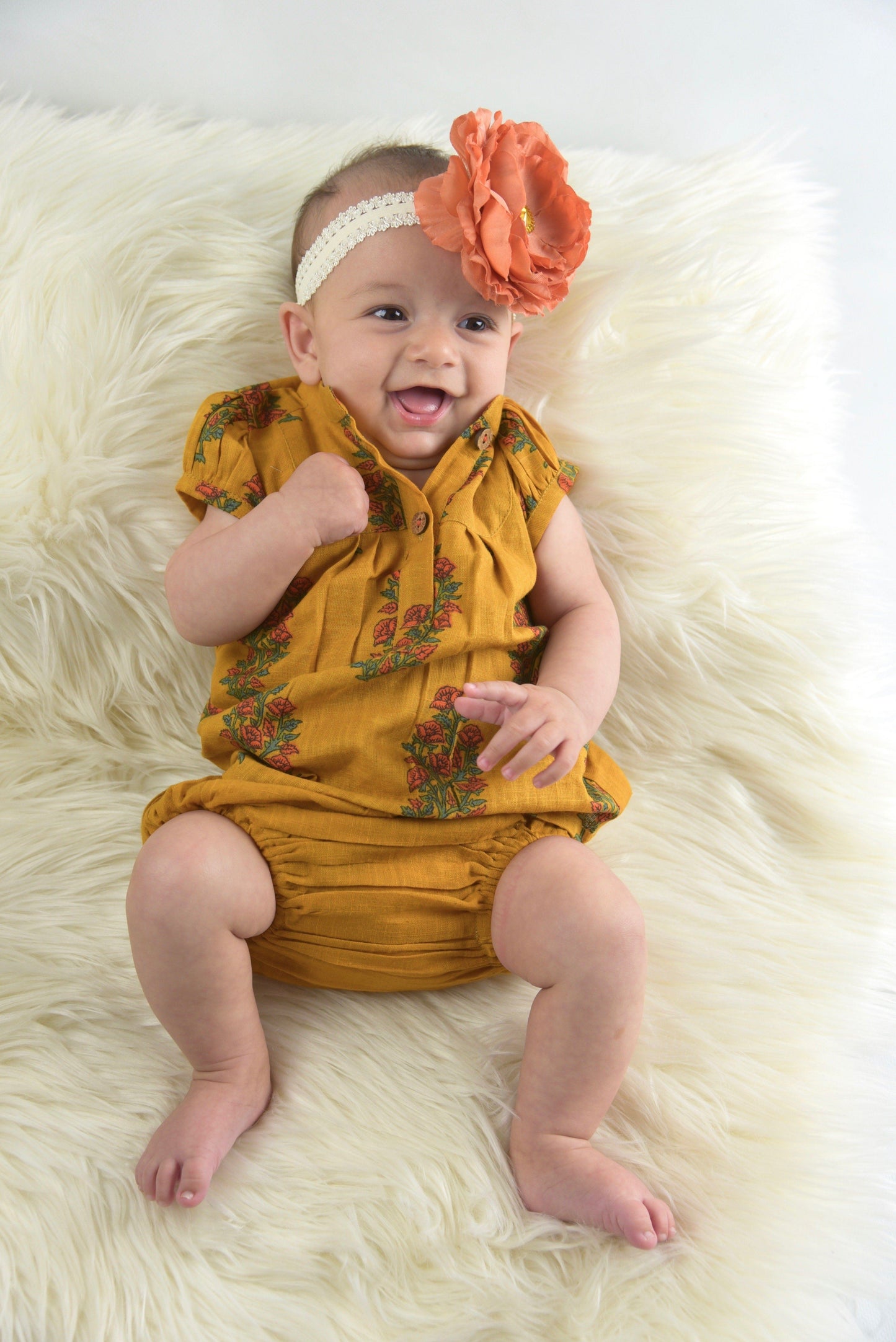 Mustard Printed Dress with Yoke Detail and Chinese Collar Infant Dress Dress Yo Baby Wholesale