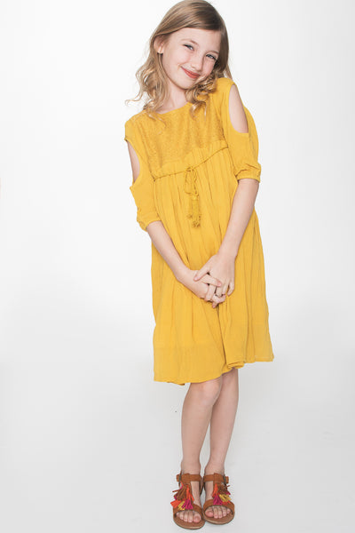 Mustard Yellow Lace Detail Cold Shoulder Dress Dress Yo Baby Wholesale 