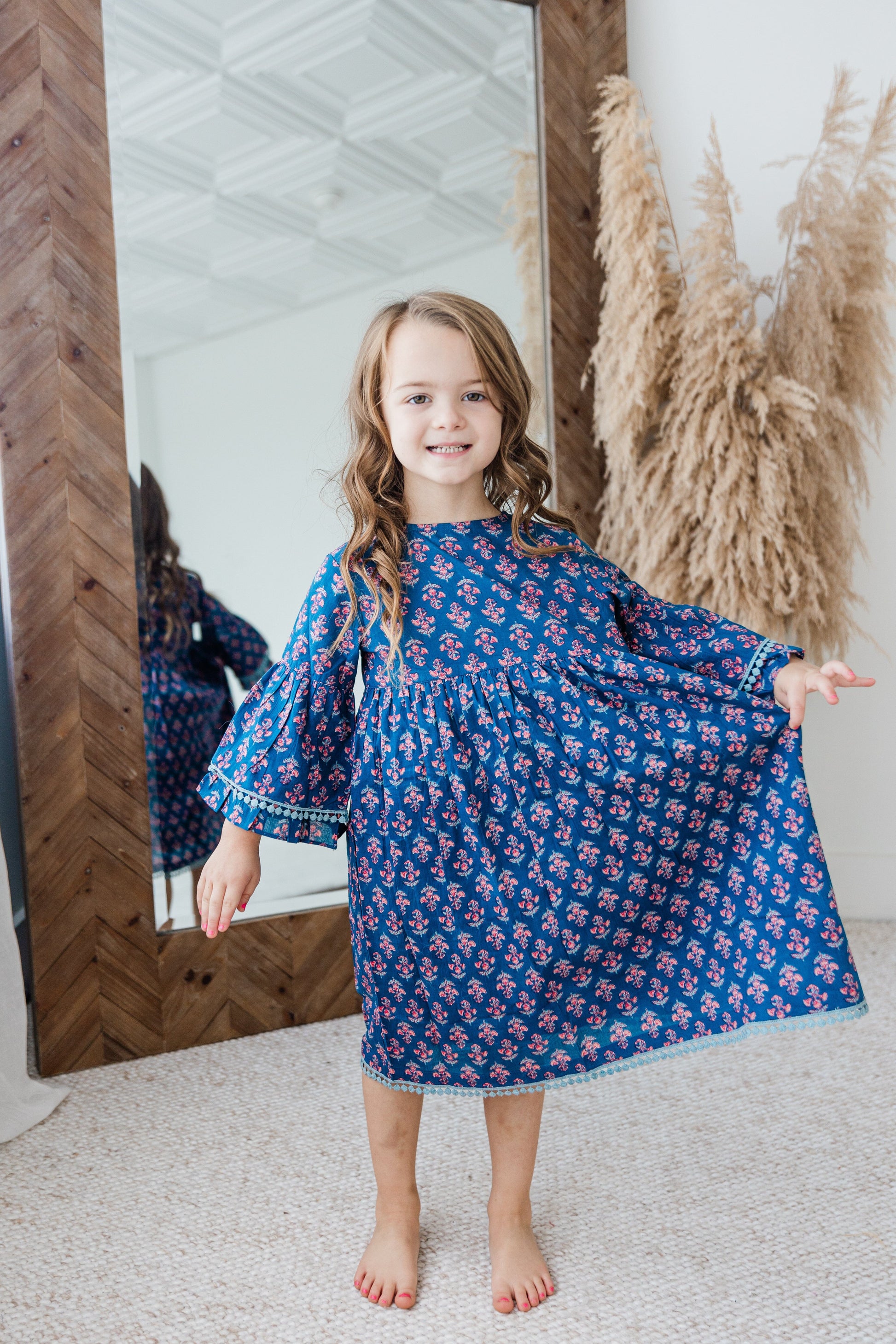 Navy Floral Print Bell-Sleeves Gathered Dress dress & diaper cover Yo Baby India