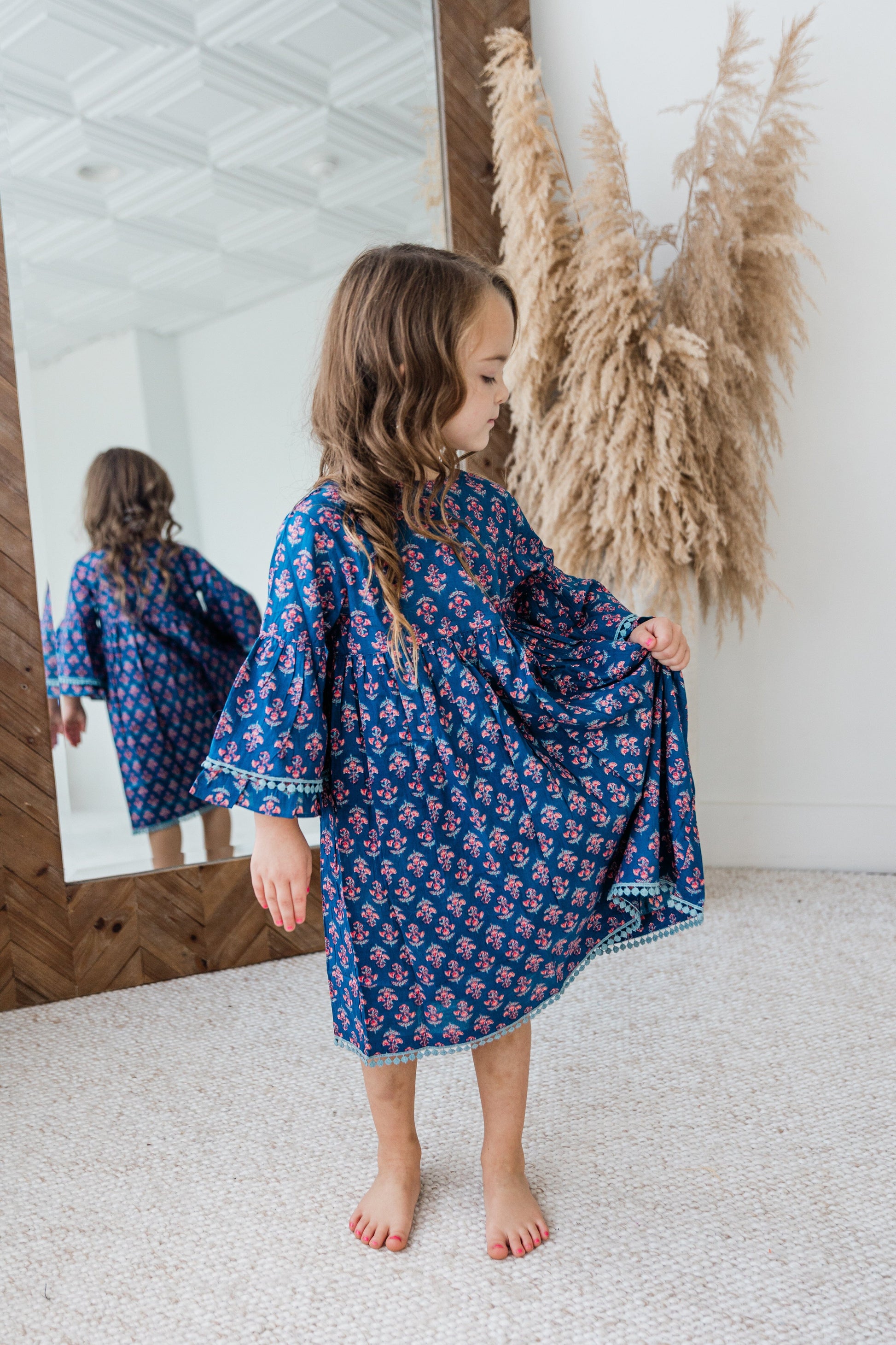 Navy Floral Print Bell-Sleeves Gathered Dress dress & diaper cover Yo Baby India
