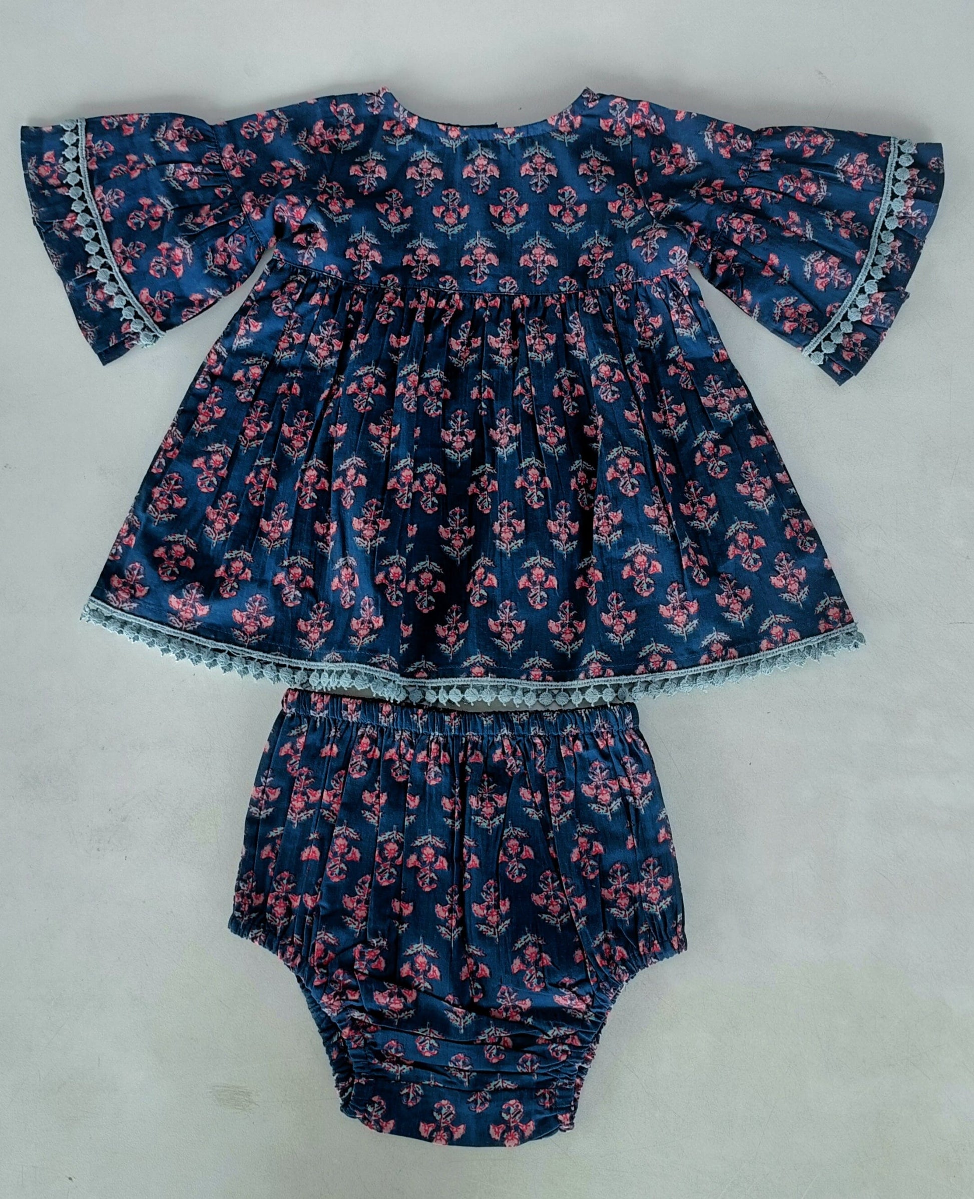 Navy Floral Print Bell-Sleeves Gathered Dress dress & diaper cover Yo Baby India