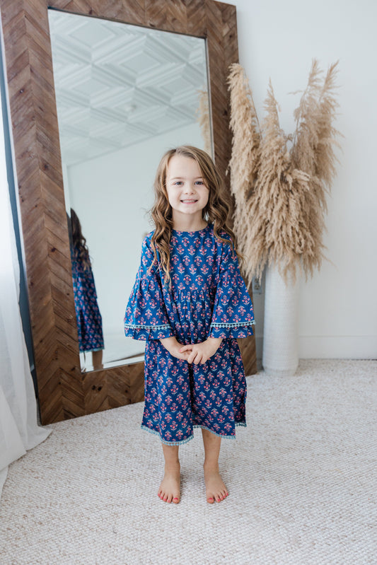 Navy Floral Print Bell-Sleeves Gathered Dress dress & diaper cover Yo Baby India