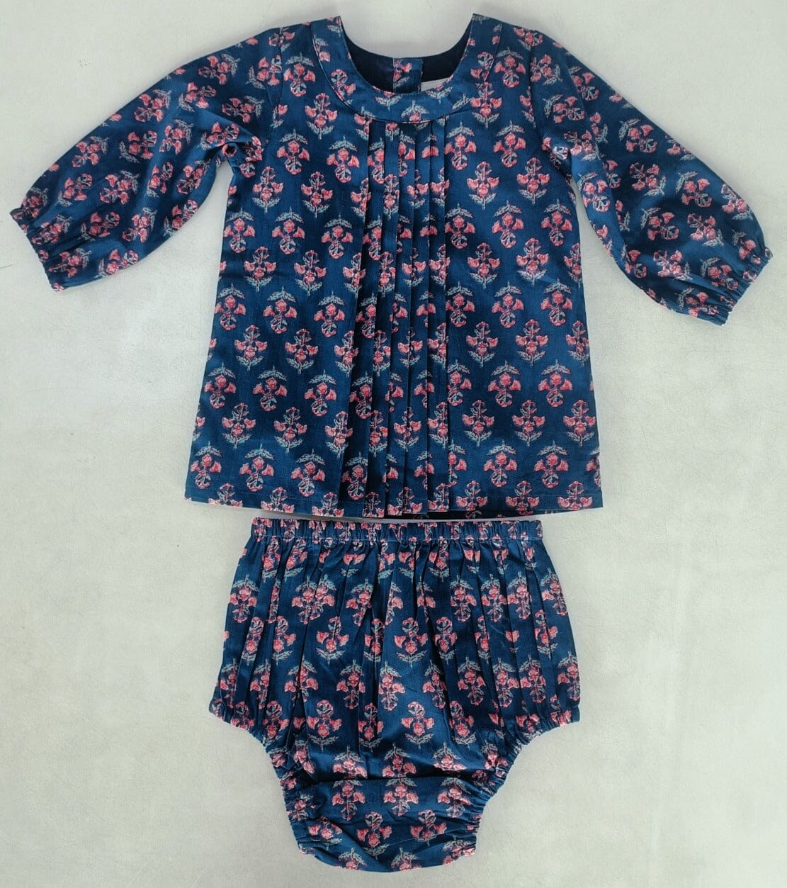 Navy Floral Print Front Pleated Dress dress & diaper cover Yo Baby India