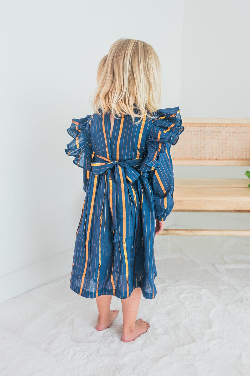 Navy Solid Color Lurex Ruffle Long Sleeve Dress Dress Yo Baby India