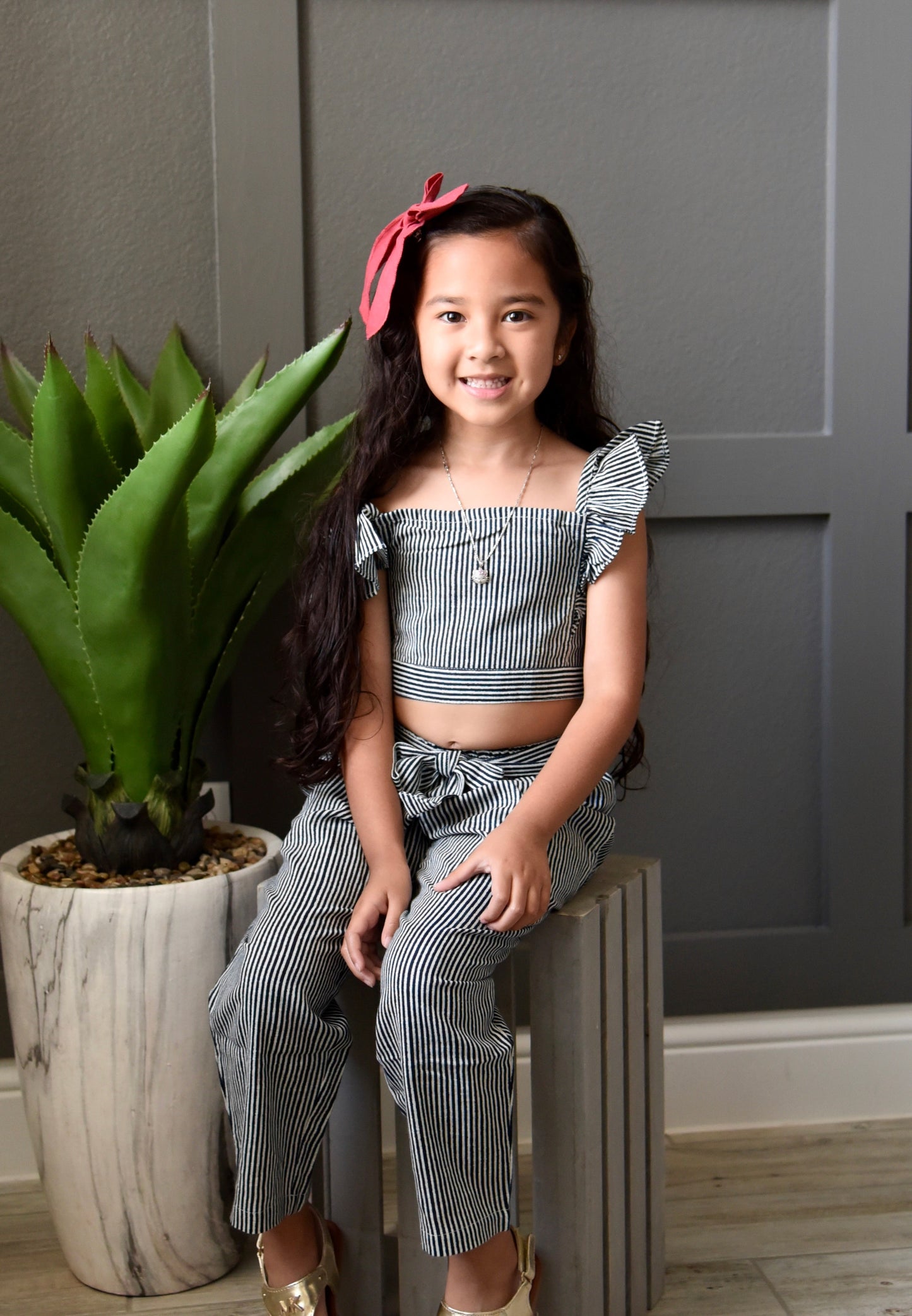 Navy-Striped Smocked Ruffle Top and Pants 2 pc set Dress Yo Baby Wholesale