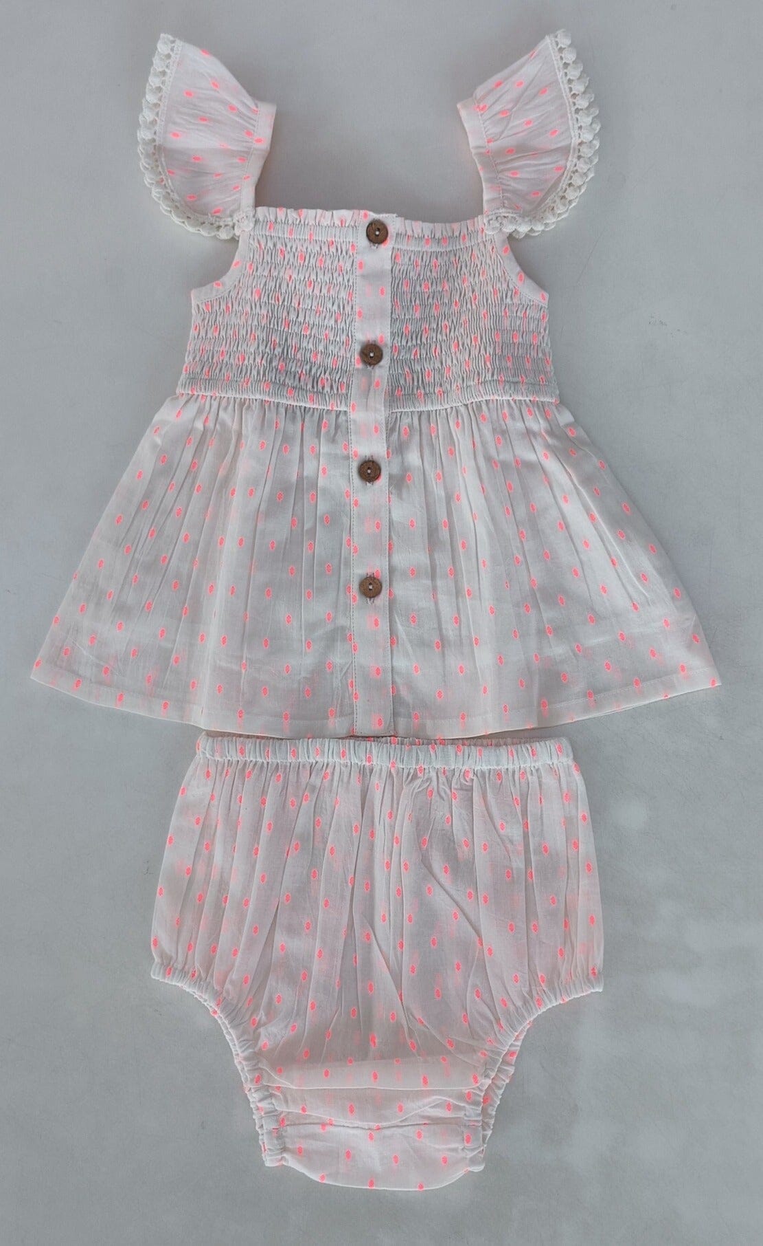 Neon Pink Cotton Dobby Sleeve Ruffle Gathered Dress Yo Baby India