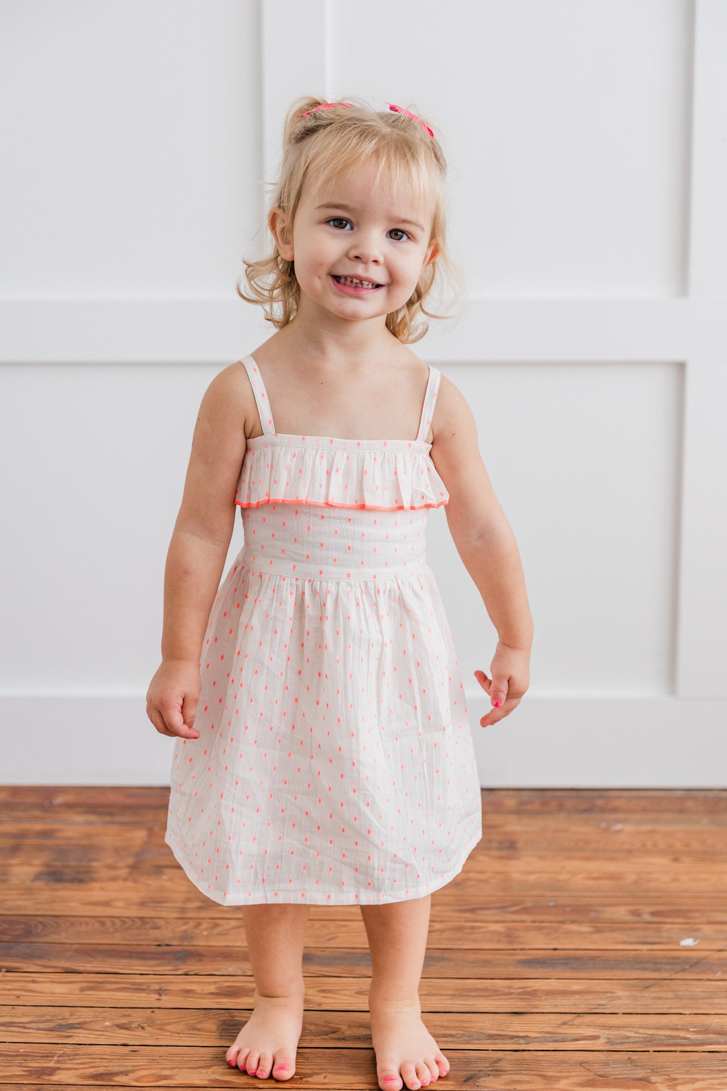 Neon Pink Cotton Dobby Yoke Ruffle Gathered Dress Dress Yo Baby India
