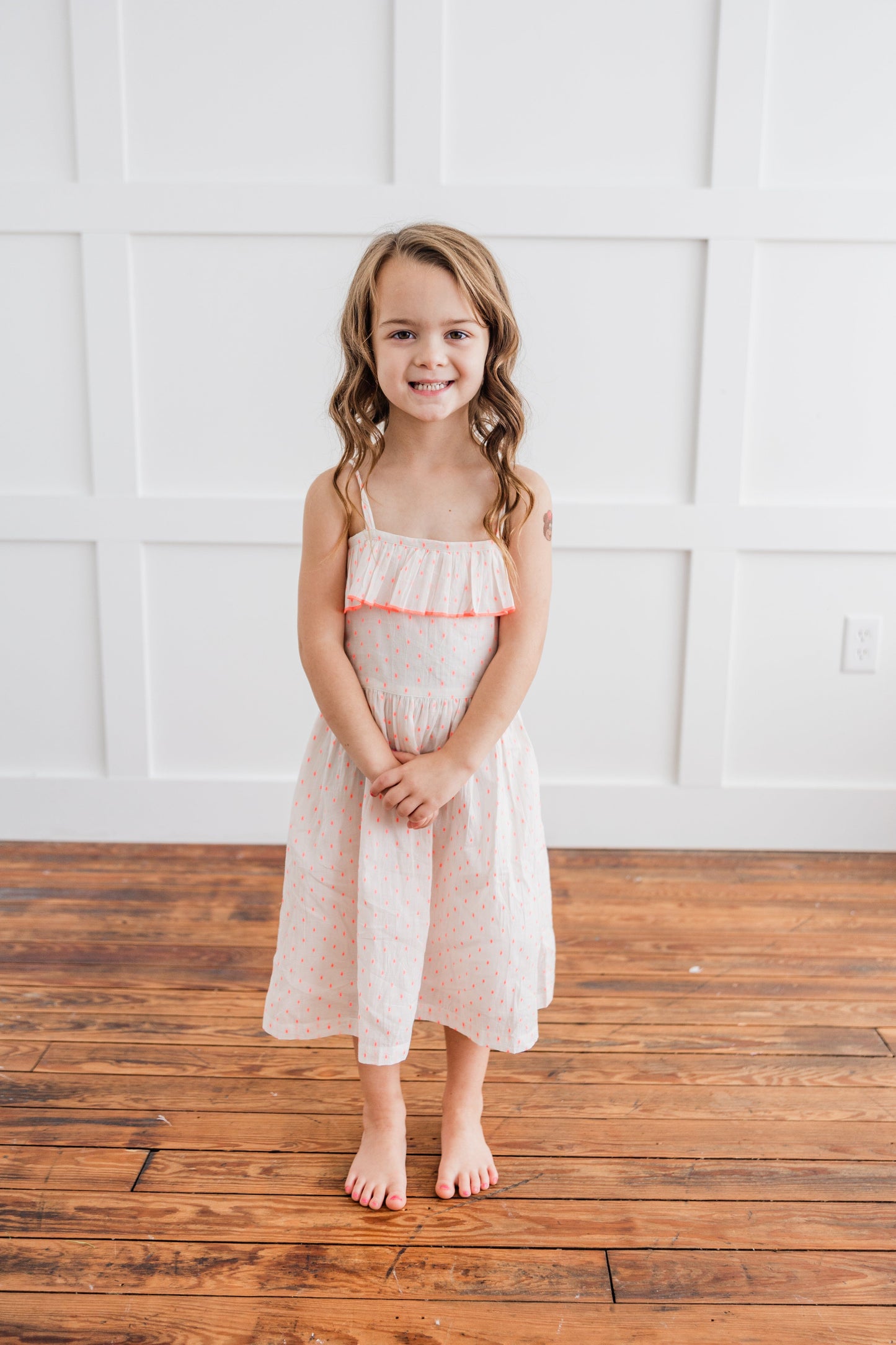Neon Pink Cotton Dobby Yoke Ruffle Gathered Dress Dress Yo Baby India