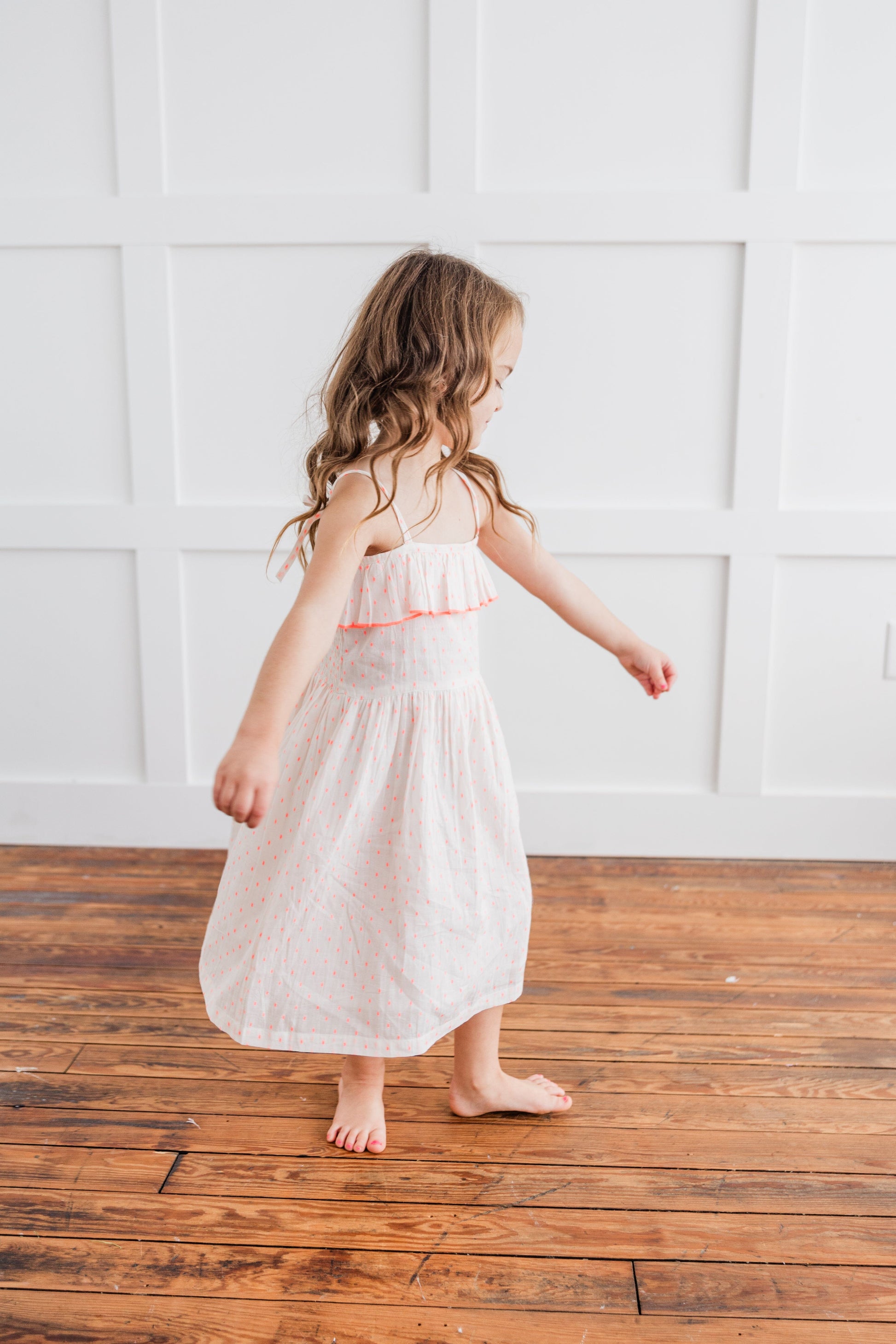 Neon Pink Cotton Dobby Yoke Ruffle Gathered Dress Dress Yo Baby India