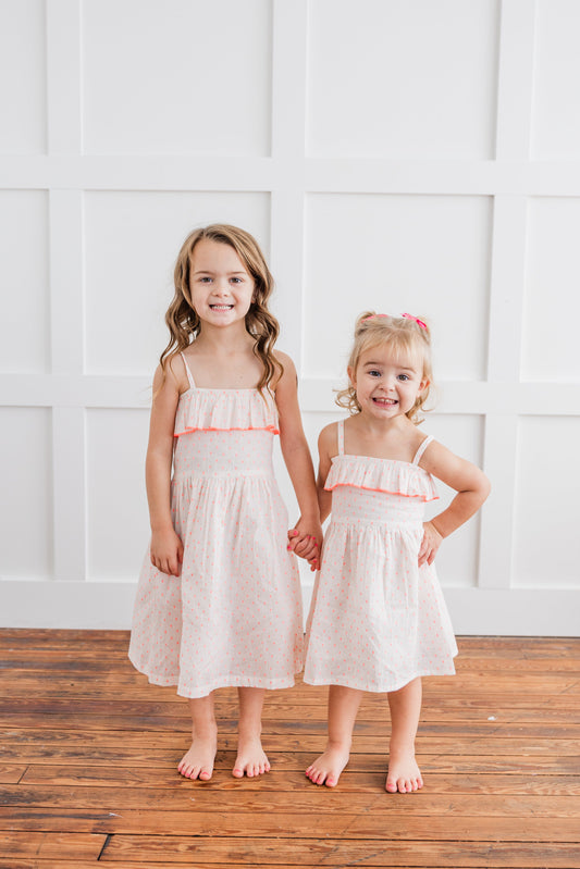 Neon Pink Cotton Dobby Yoke Ruffle Gathered Dress Dress Yo Baby India