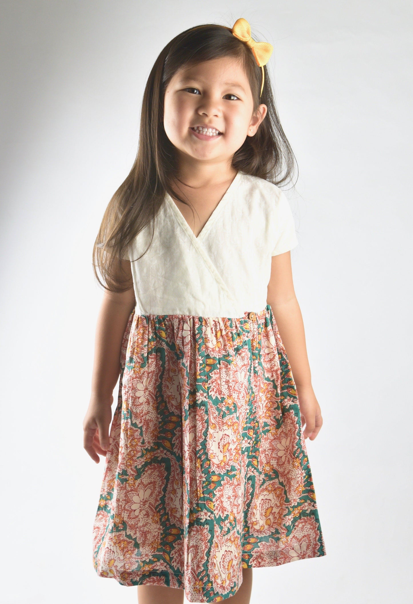 Off White and Green Floral Print Wrap Dress Dress Yo Baby Wholesale