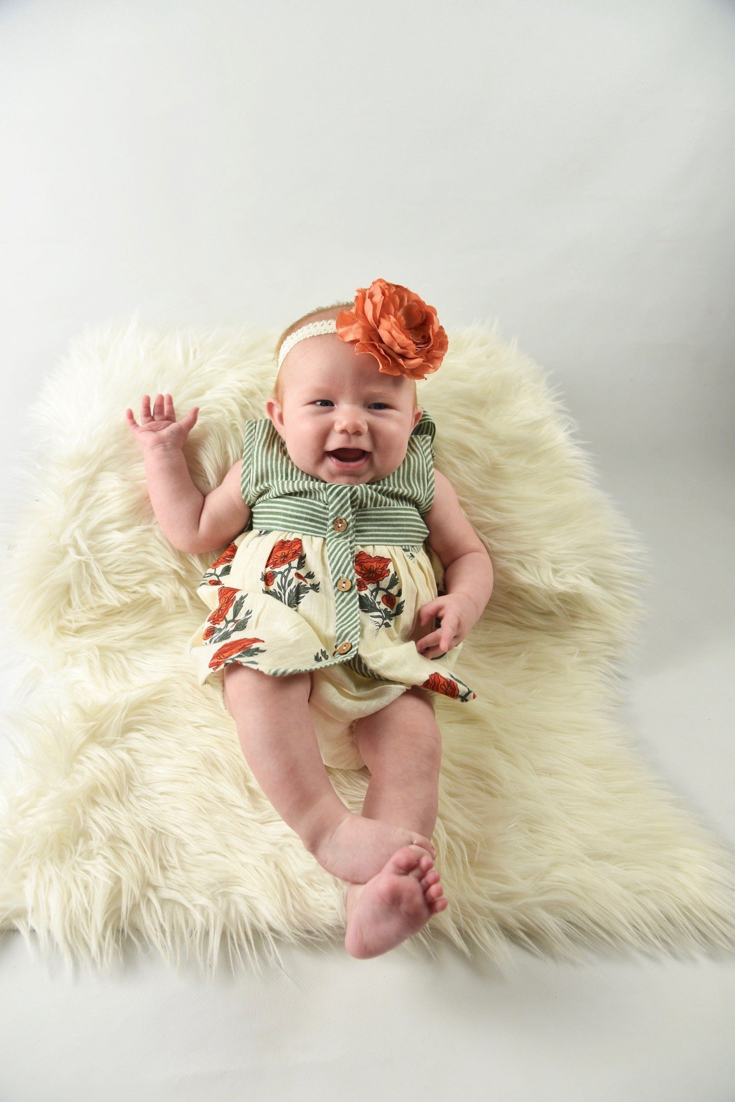 Off-white and Green Pin Stripe With Floral Print Infant Dress with Matching Bloomers Dress Yo Baby Wholesale