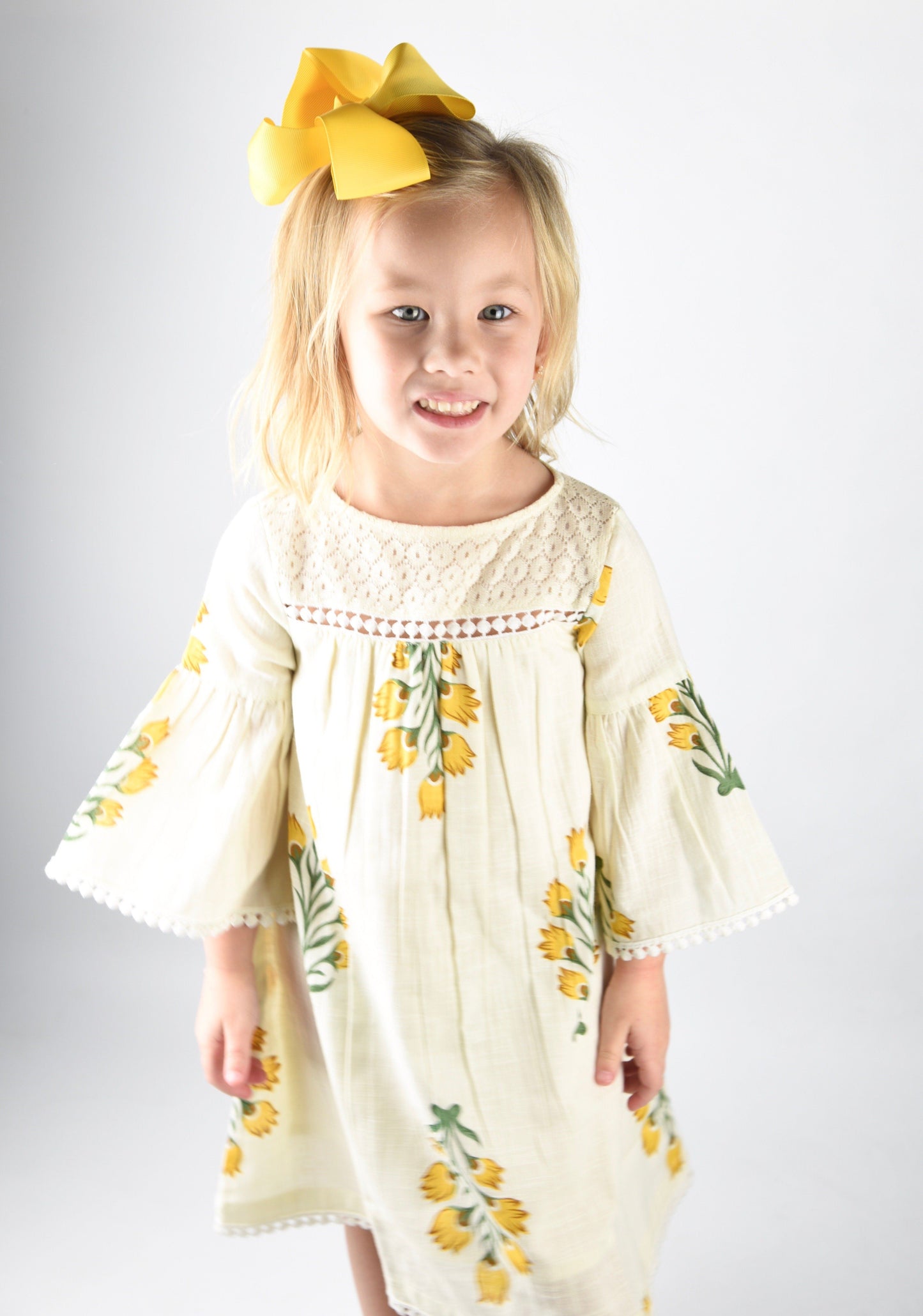 Off White and Yellow Floral Dress with Lace Detail Dress Yo Baby Wholesale