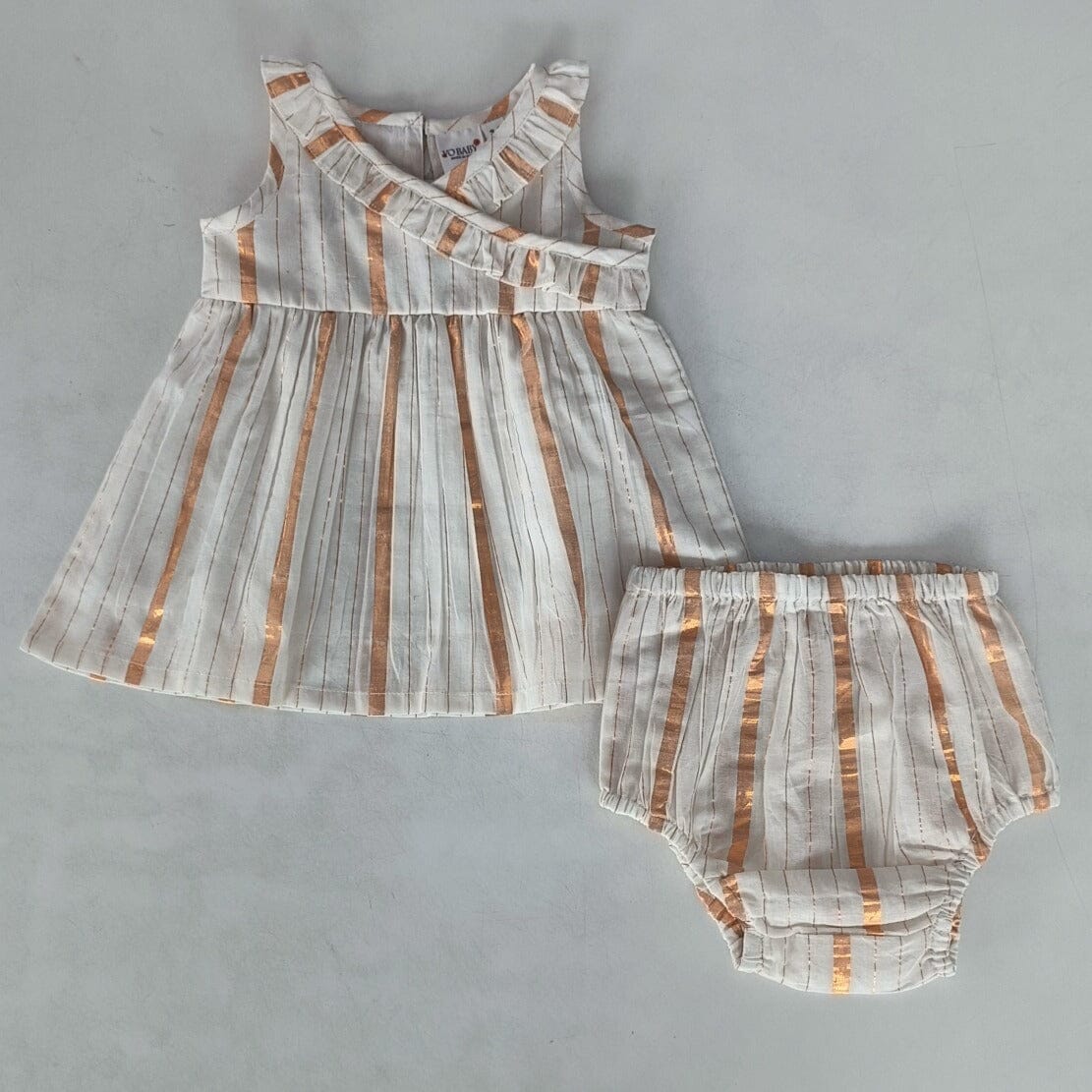 Off-White Gold Color Lurex Neck Ruffled Gathered Dress dress & diaper cover Yo Baby India