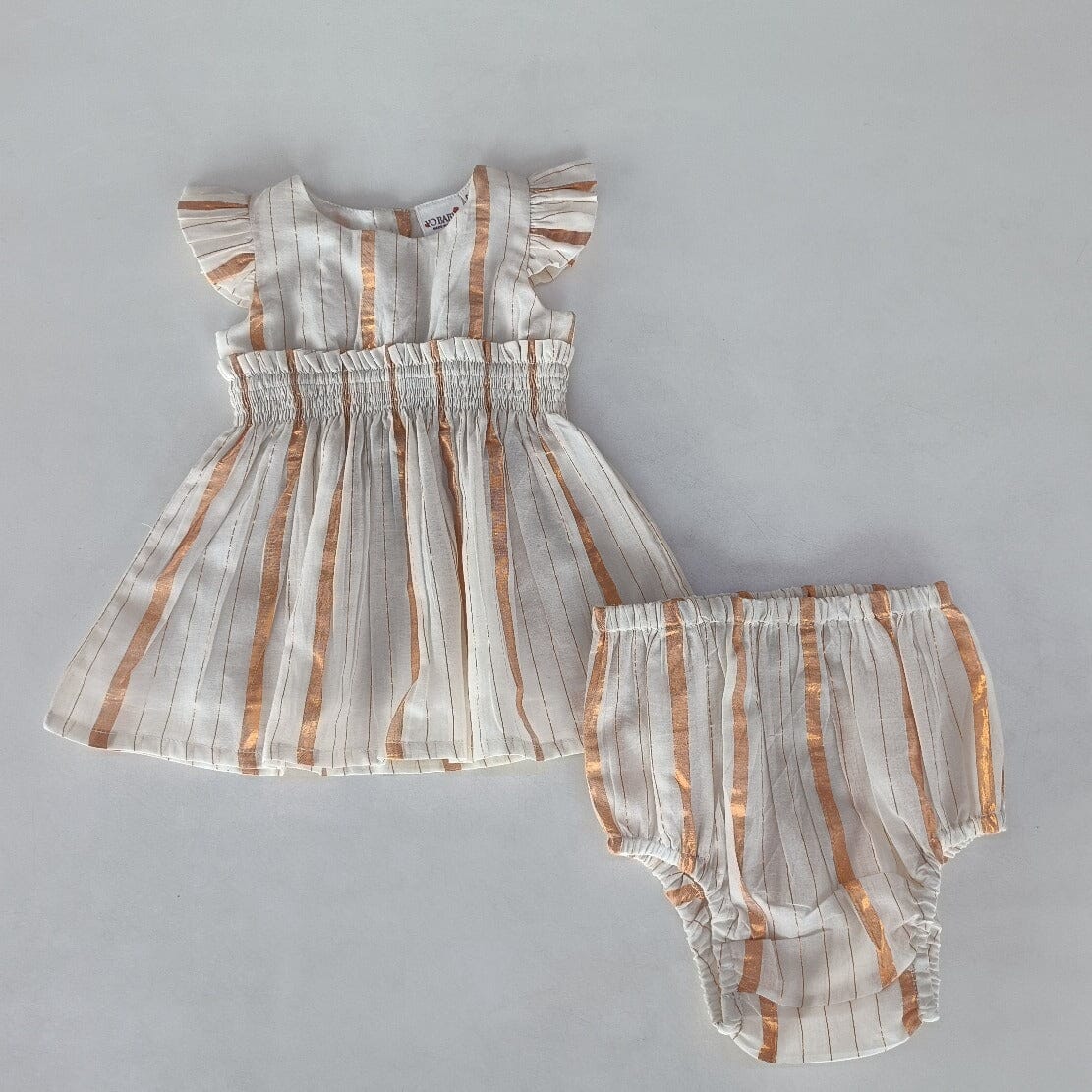 Off-White Gold Color Lurex Sleeve Ruffle Gathered Dress dress & diaper cover, DRESS Yo Baby India