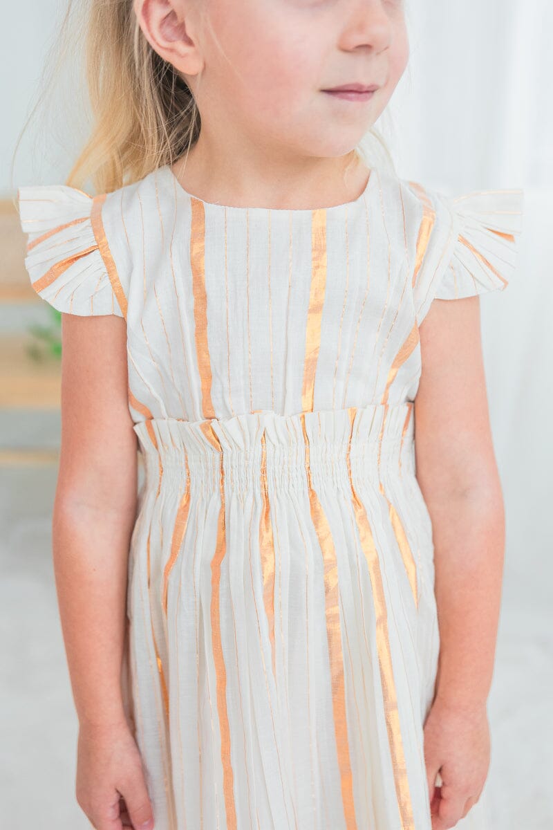 Off-White Gold Color Lurex Sleeve Ruffle Gathered Dress dress & diaper cover, DRESS Yo Baby India