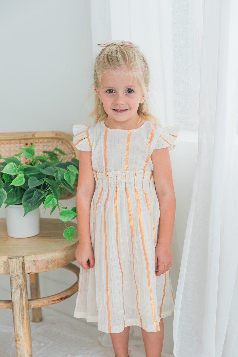Off-White Gold Color Lurex Sleeve Ruffle Gathered Dress dress & diaper cover, DRESS Yo Baby India