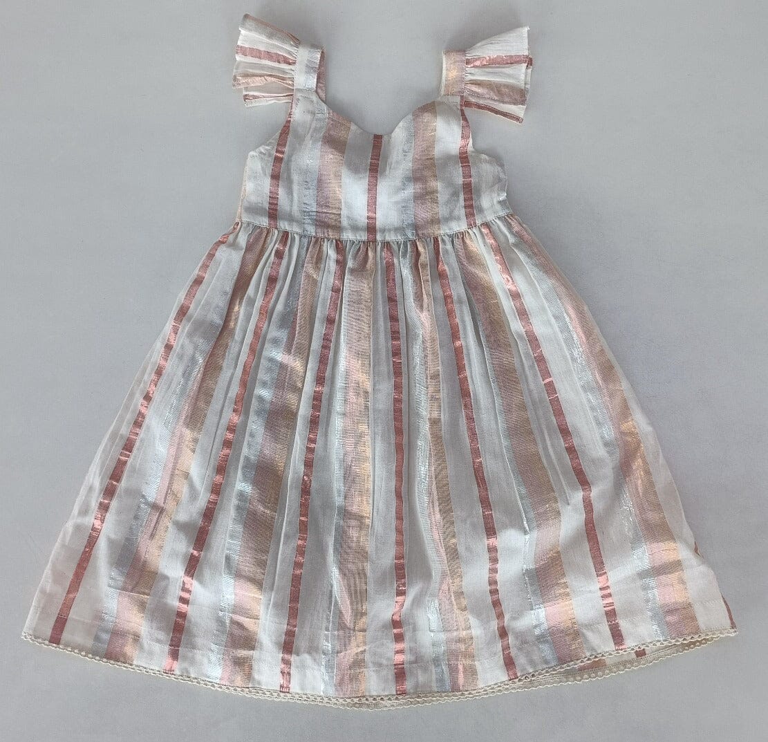 Off-White Multi Color Lurex Sleeve Ruffle Gathered Dress Dress Yo Baby India