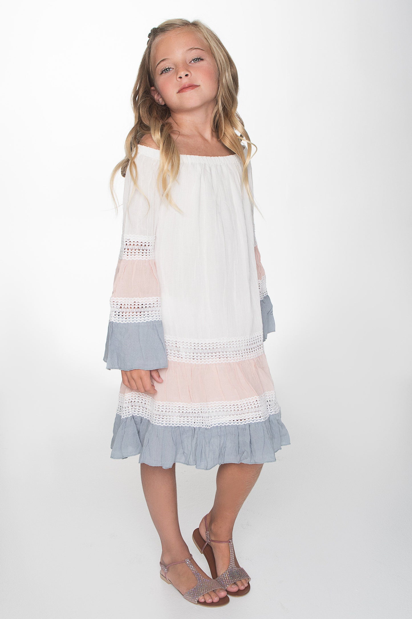 Off White Pink and Blue Lace Detail Swing Dress Dress Yo Baby Wholesale