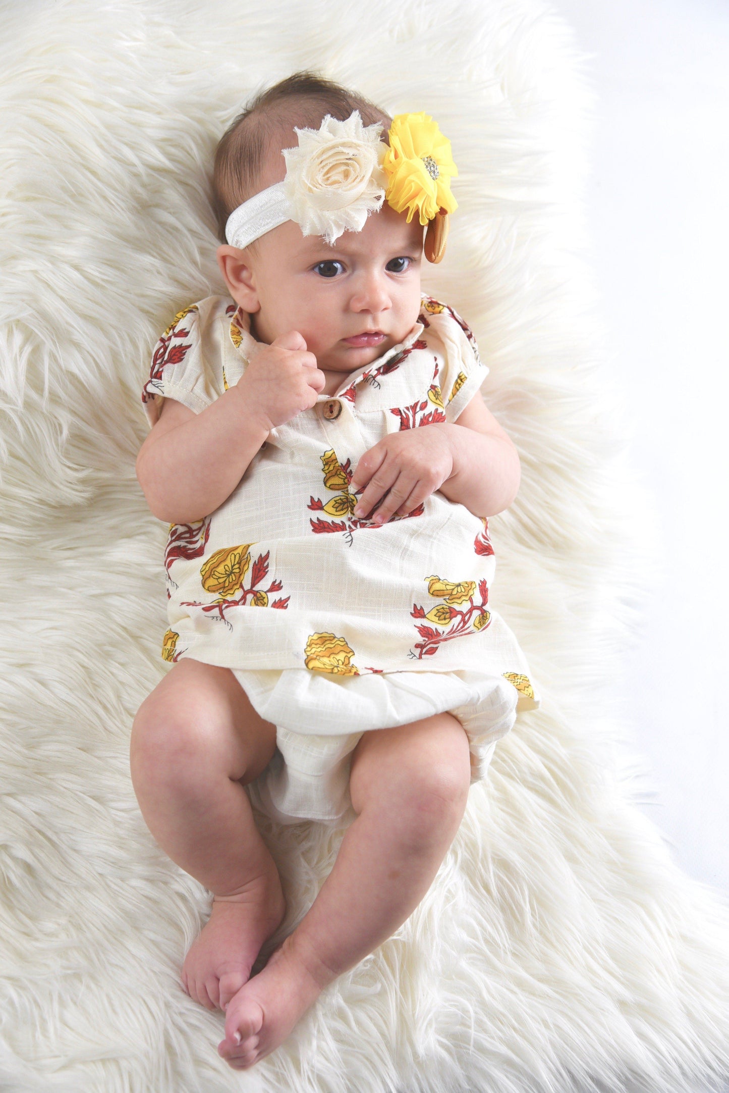 Off-White Printed Dress with Yoke Detail and Chinese Collar Infant Dress Dress Yo Baby Wholesale