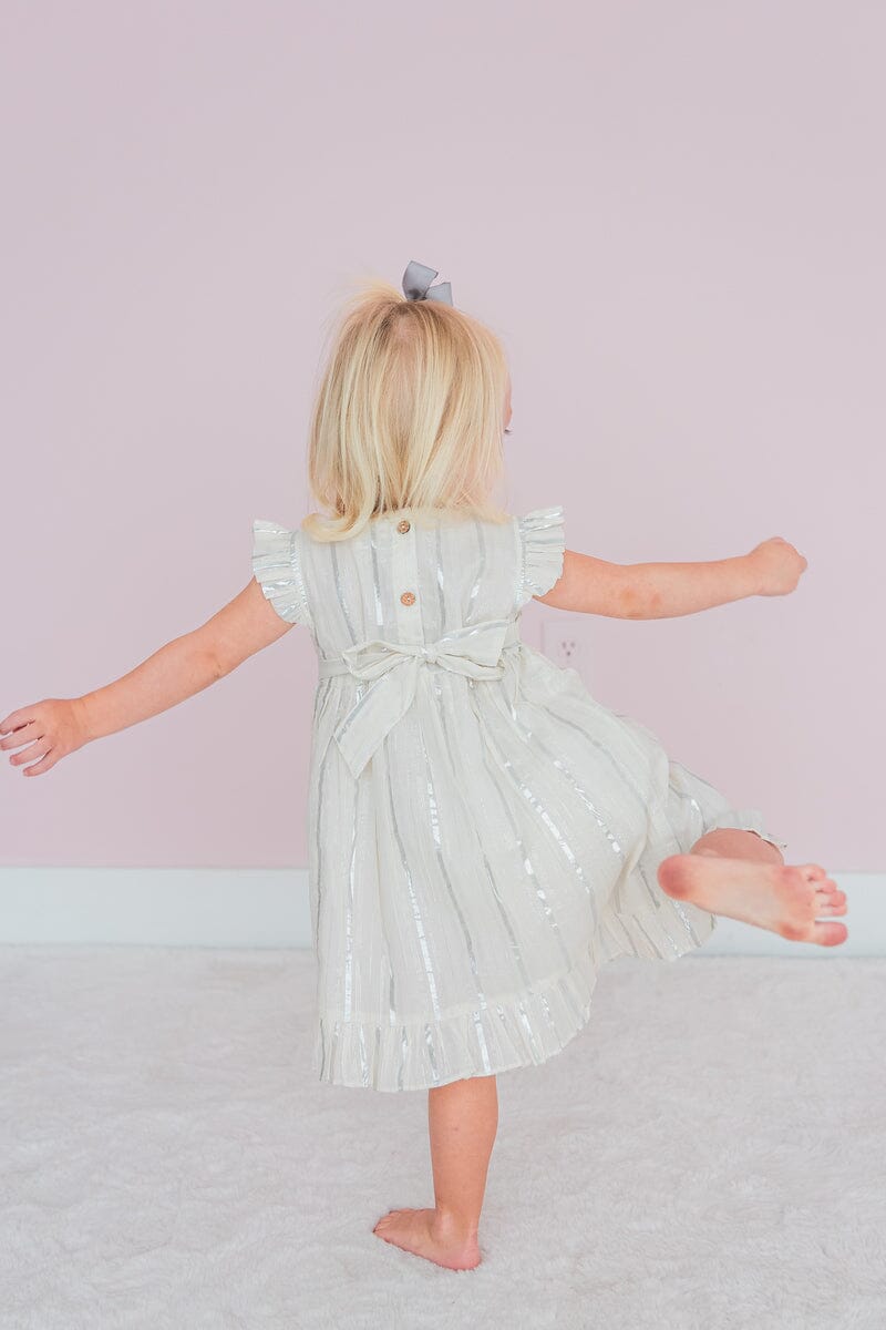 Off-White Silver Color Lurex Sleeve & Bottom Ruffled Gathered Dress Yo Baby India