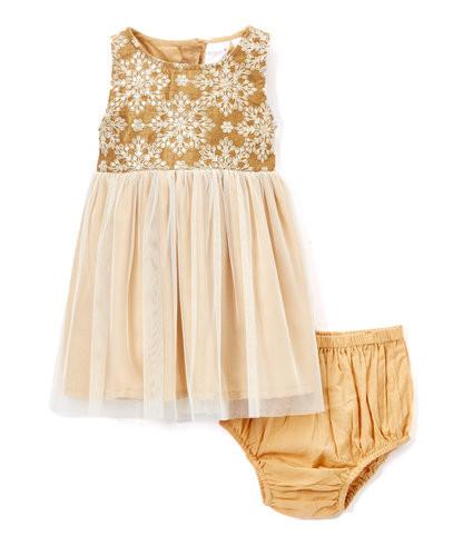 Off-White Snowflake on Gold Embroidery Tulle Infant Dress Dress Yo Baby Wholesale