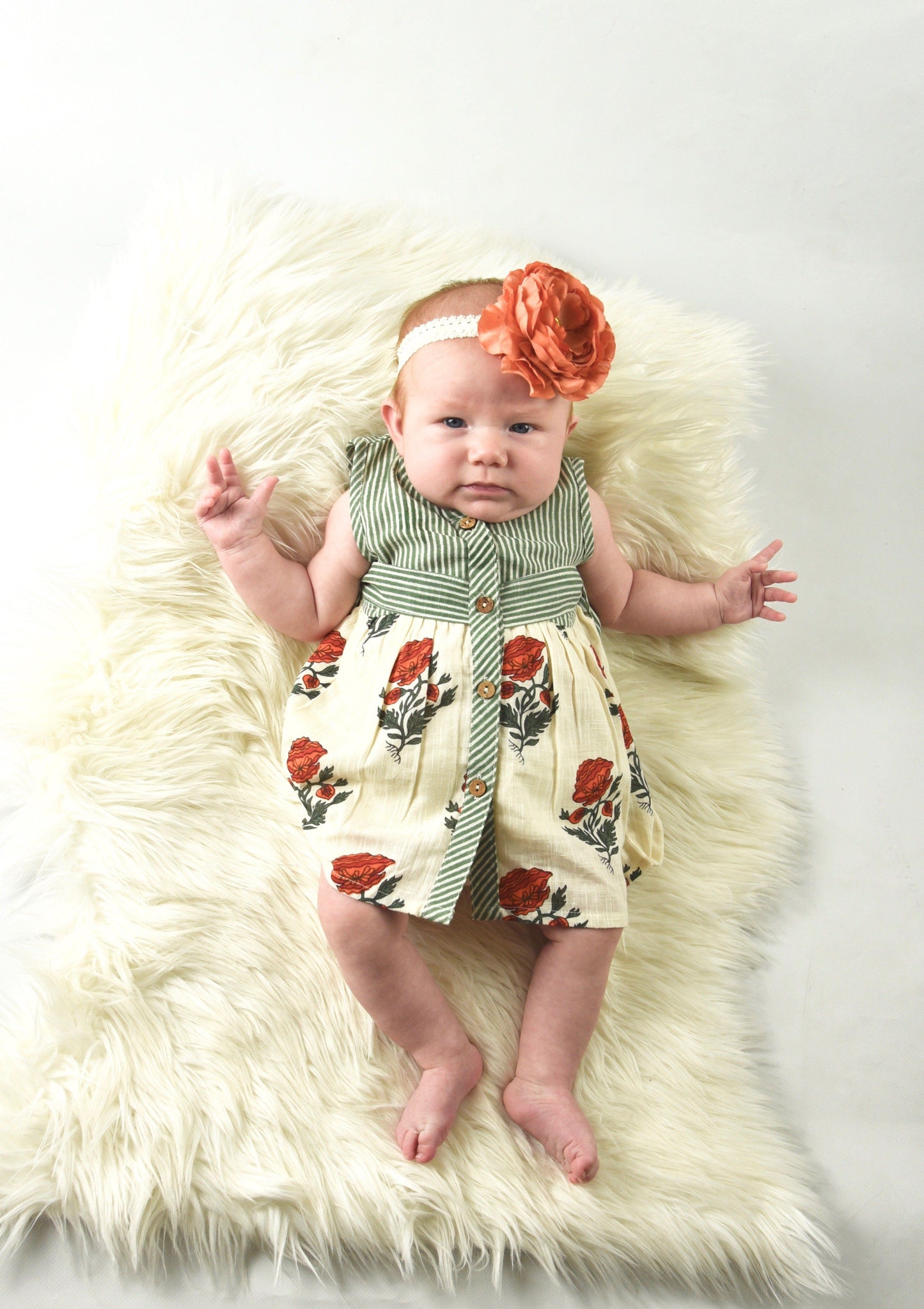 Off-white with Red Orange Floral Print and Green Pinstripe Belted Dress Dress Yo Baby Wholesale