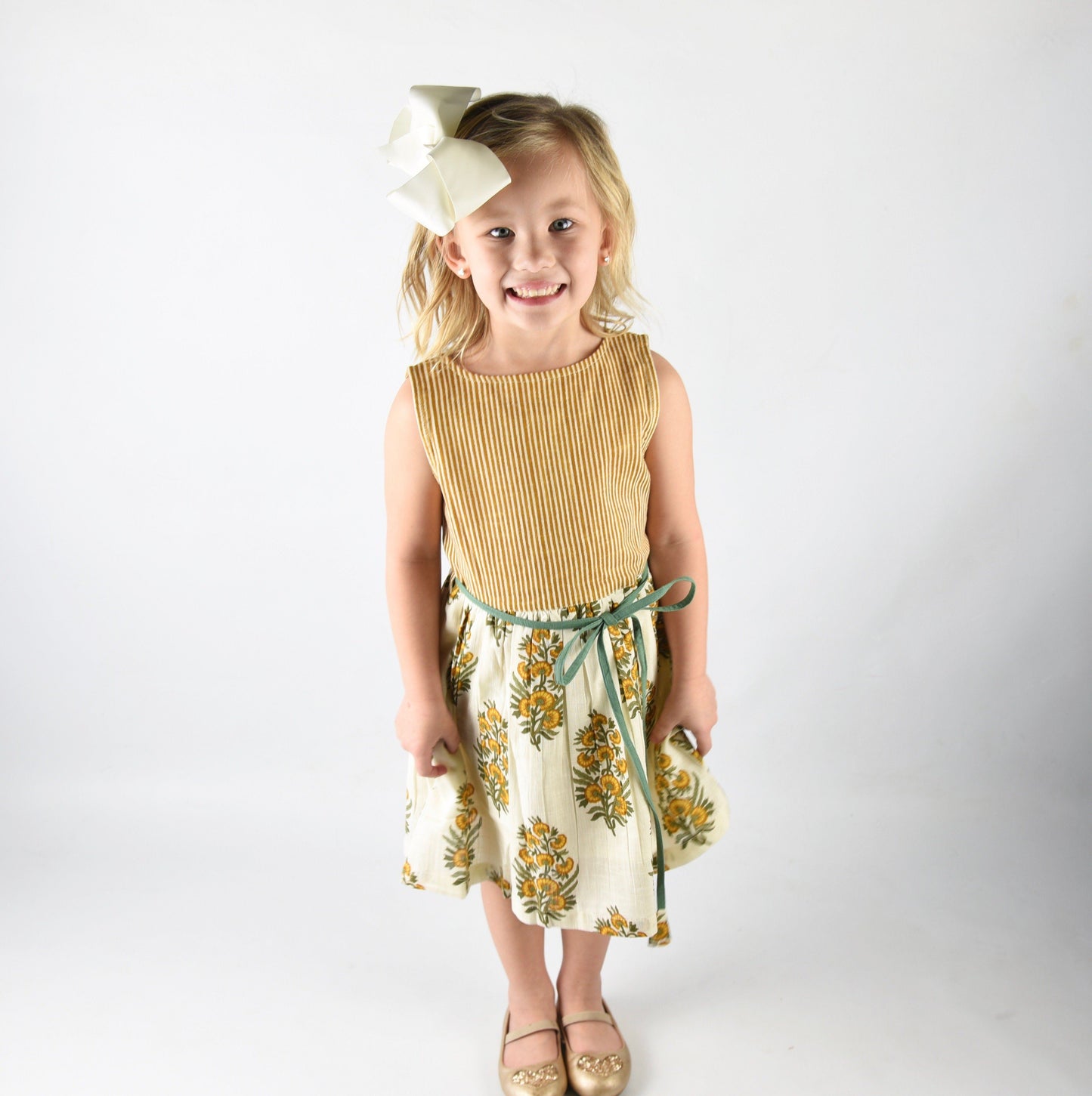 Off White Yellow Floral and Stripes Print Dress Dress Yo Baby Wholesale