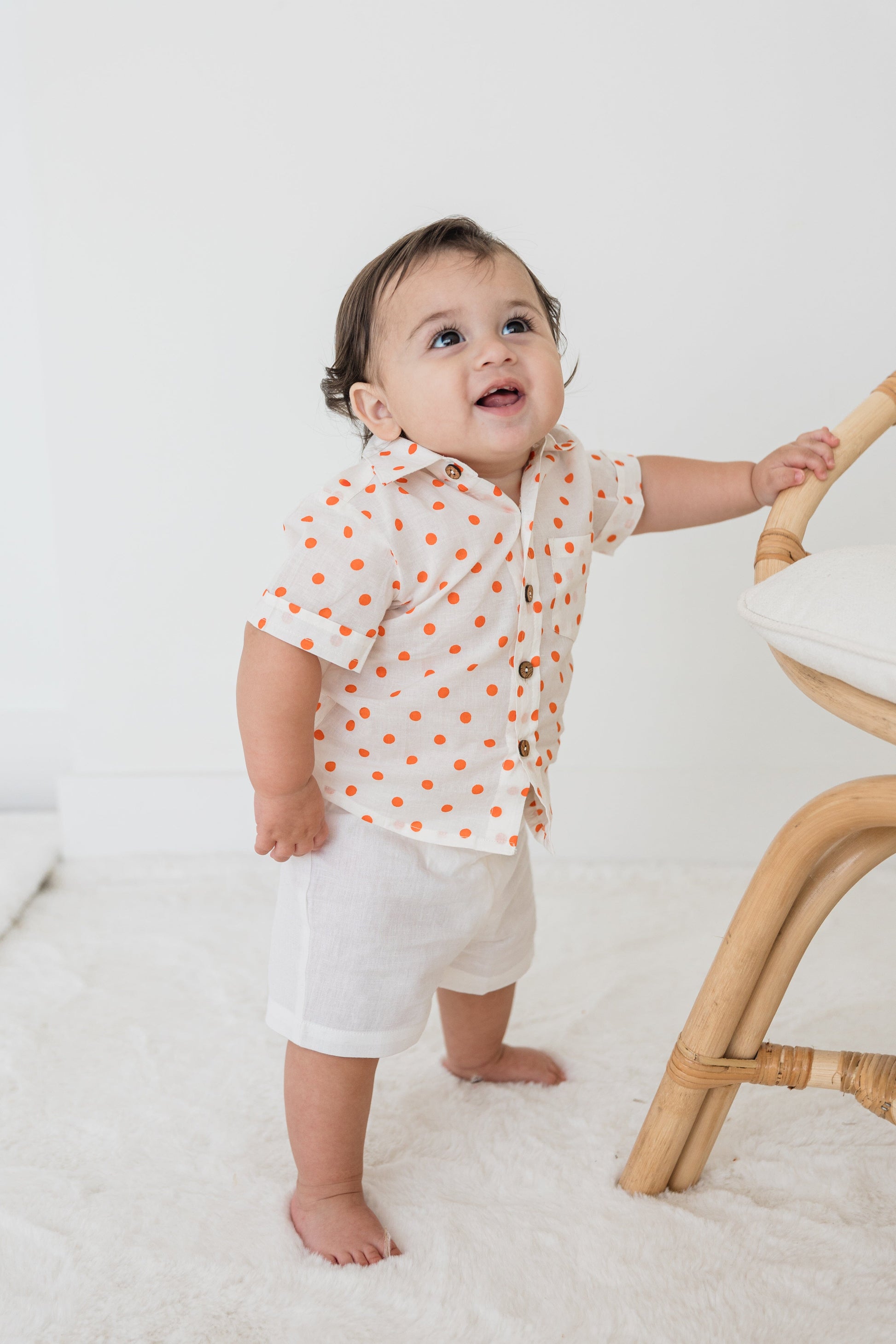 Orange Polka Dot Print Boys Shirt & White Shorts set Shirt-Shorts Yo Baby India