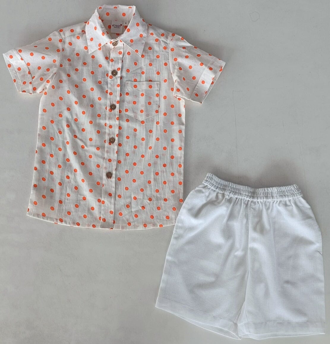 Orange Polka Dot Print Boys Shirt & White Shorts set Shirt-Shorts Yo Baby India