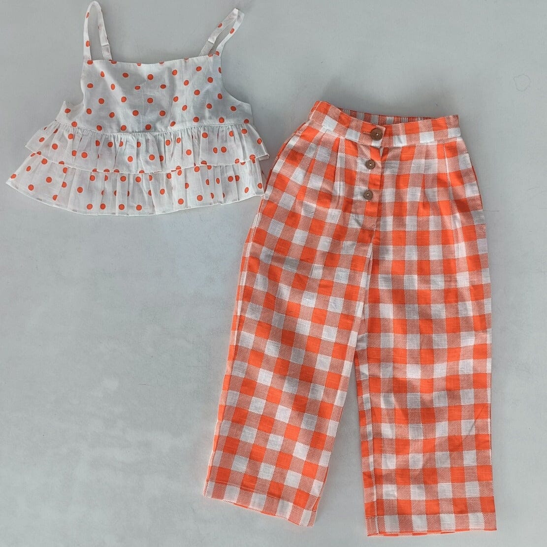 Orange Polka Dot Top & Orange Checkered Pants Set TOP & PANTS SET Yo Baby India