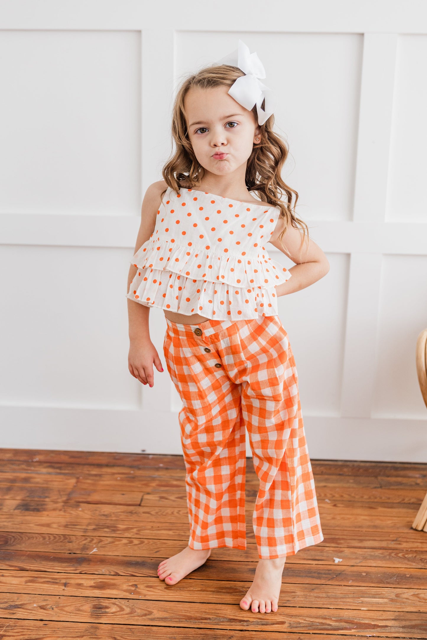 Orange Polka Dot Top & Orange Checkered Pants Set TOP & PANTS SET Yo Baby India