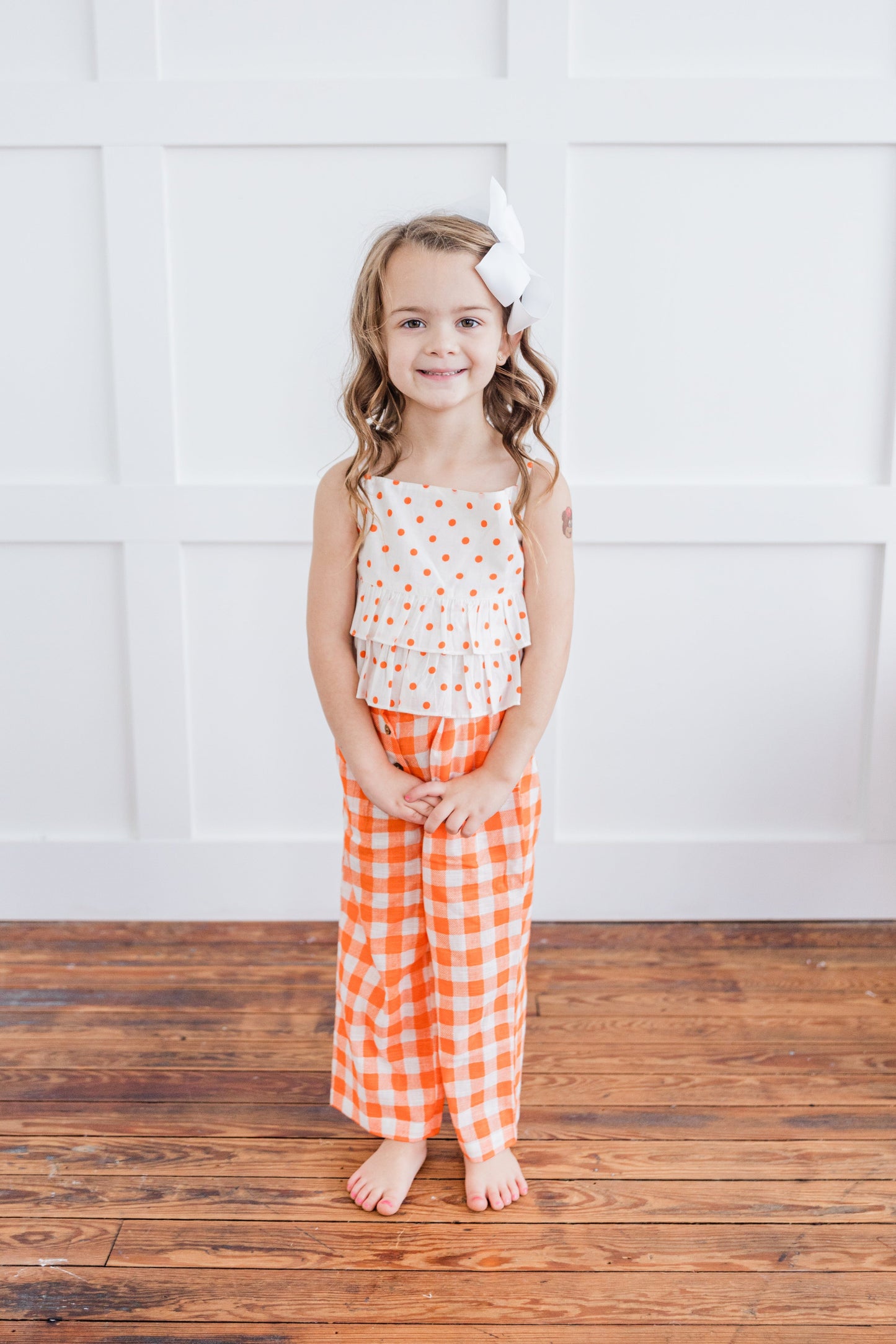 Orange Polka Dot Top & Orange Checkered Pants Set TOP & PANTS SET Yo Baby India