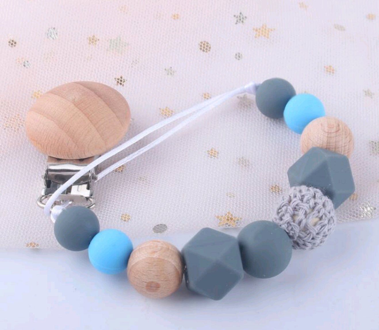 Pacifier Teether Clips - Wood & Silica Gel Yo Baby India Blue & Grey
