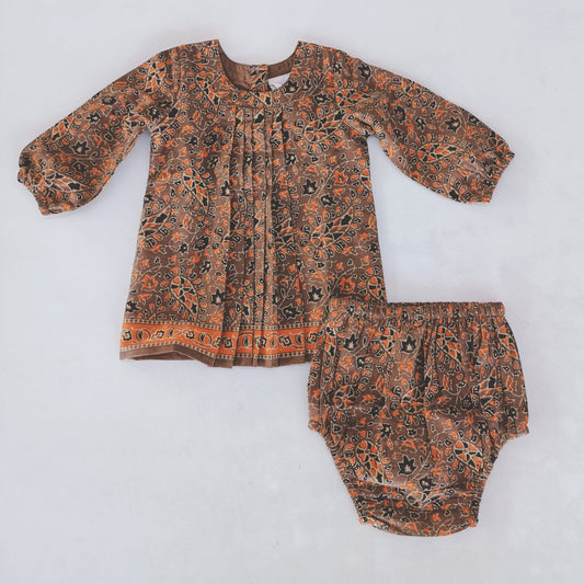 Paisley Printed Dress Long Sleeve With Pleat Detail & Diaper Cover Set dress & diaper cover Yo Baby India